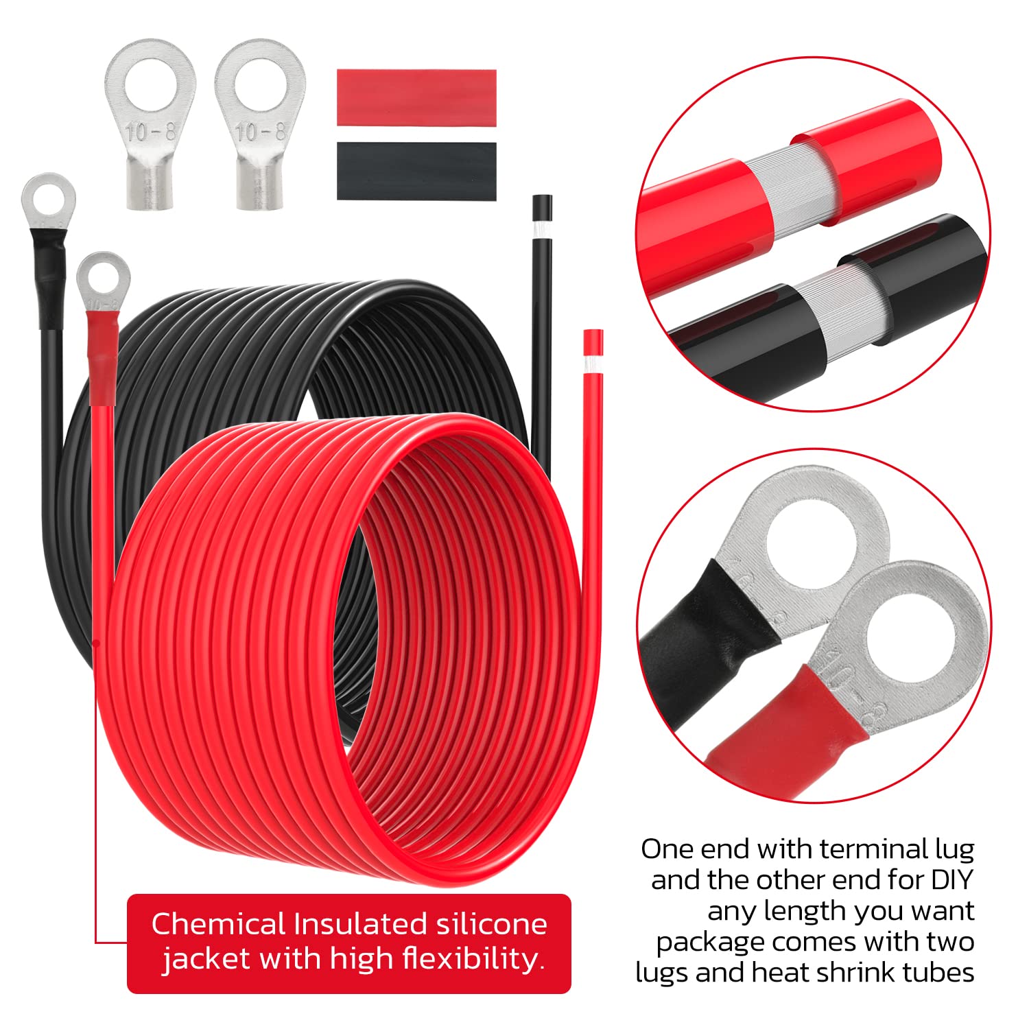 Cables de batería de 8 AWG, calibre 8, cable de extensión de cobre estañado con lengüetas de 5/16 pulgadas para caravana, panel solar, automóvil, automóvil (8 AWG, 20 pies)
