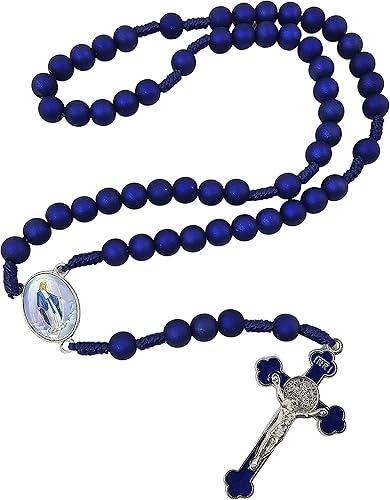 Miniatura 2 de TALISMAN4U Collar de oración católica con cuentas de rosario azul profundo con crucifijo de San Benito, medalla de Nuestra Señora de Gracia, regalo