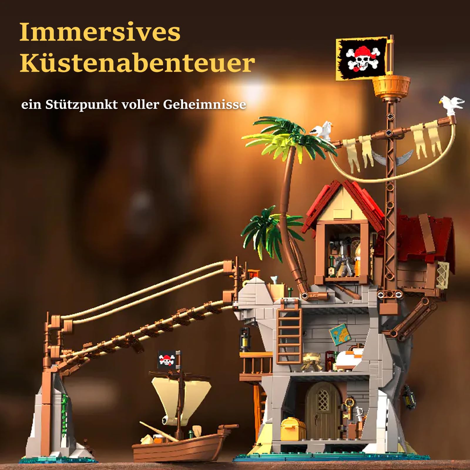 Piratenbucht Kliffhütte Mittelalter Klemmbausteine Haus, Cliffside Broken Mast Cabin Bausatz Modular Building für Erwachsene (1044 Teile)