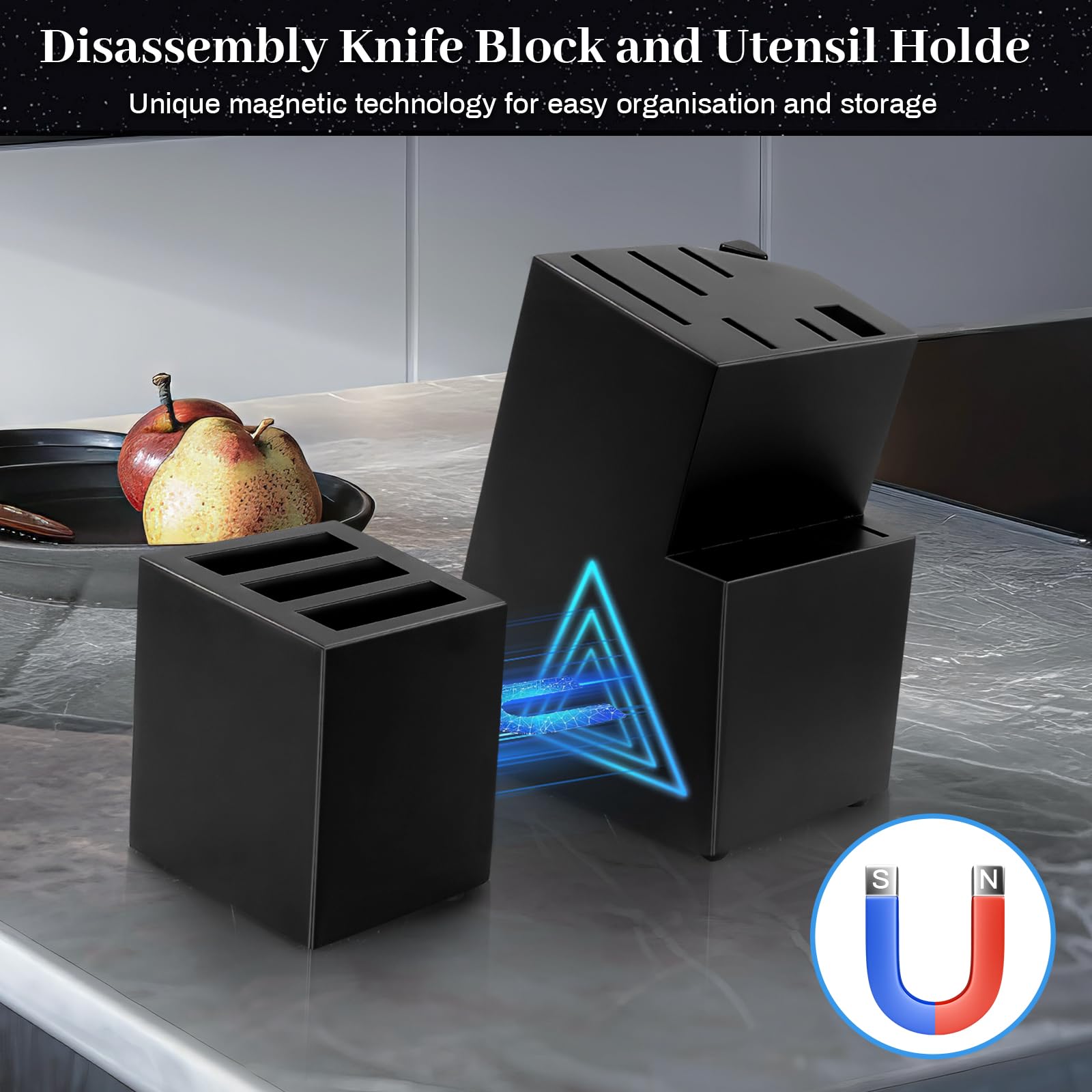 Kitchen Knife Set,18 Pieces Black Kitchen Utensils Set with Holder and Kitchen Professional Chef Knife Set for Cooking,Non-Stick Heat Resistan Silicone Utensils Set with Wooden Handle (Black)