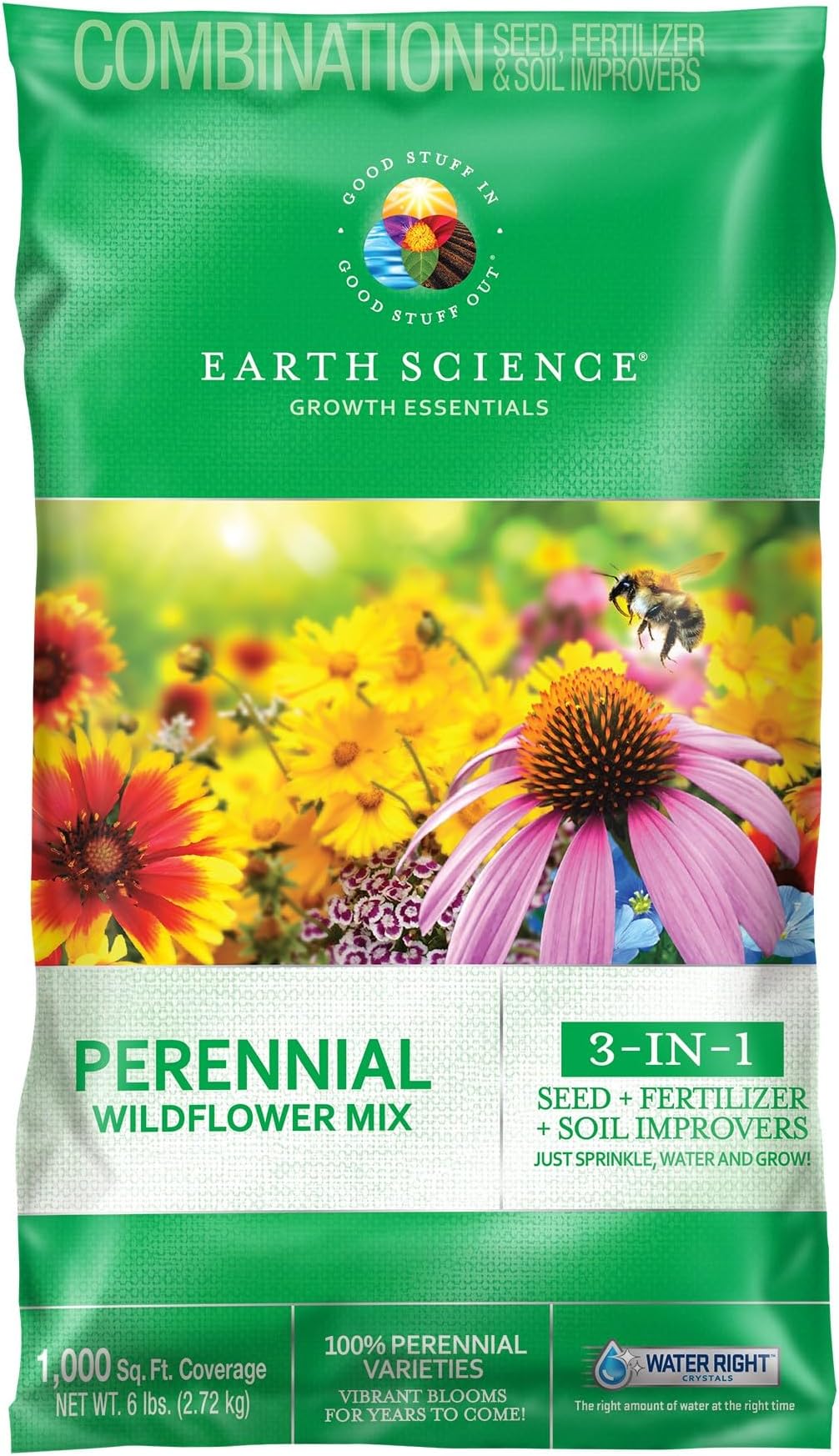 Earth Science Perennial Wildflower Mix—6 lb—3-in-1 Formula with Premium Wildflower Seeds, Plant Food and Soil Conditioners - Non-GMO, Natural Ingredients