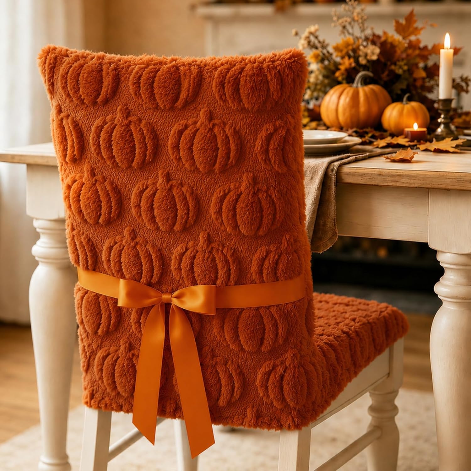 JarThenaAMCS Fall Chair Covers with Ribbon Set of 2 3D Pumpkin Dining Chair Slipcover Autumn Orange Removable Soft Seat Covers for Home Kitchen Hotel Restaurant Decor