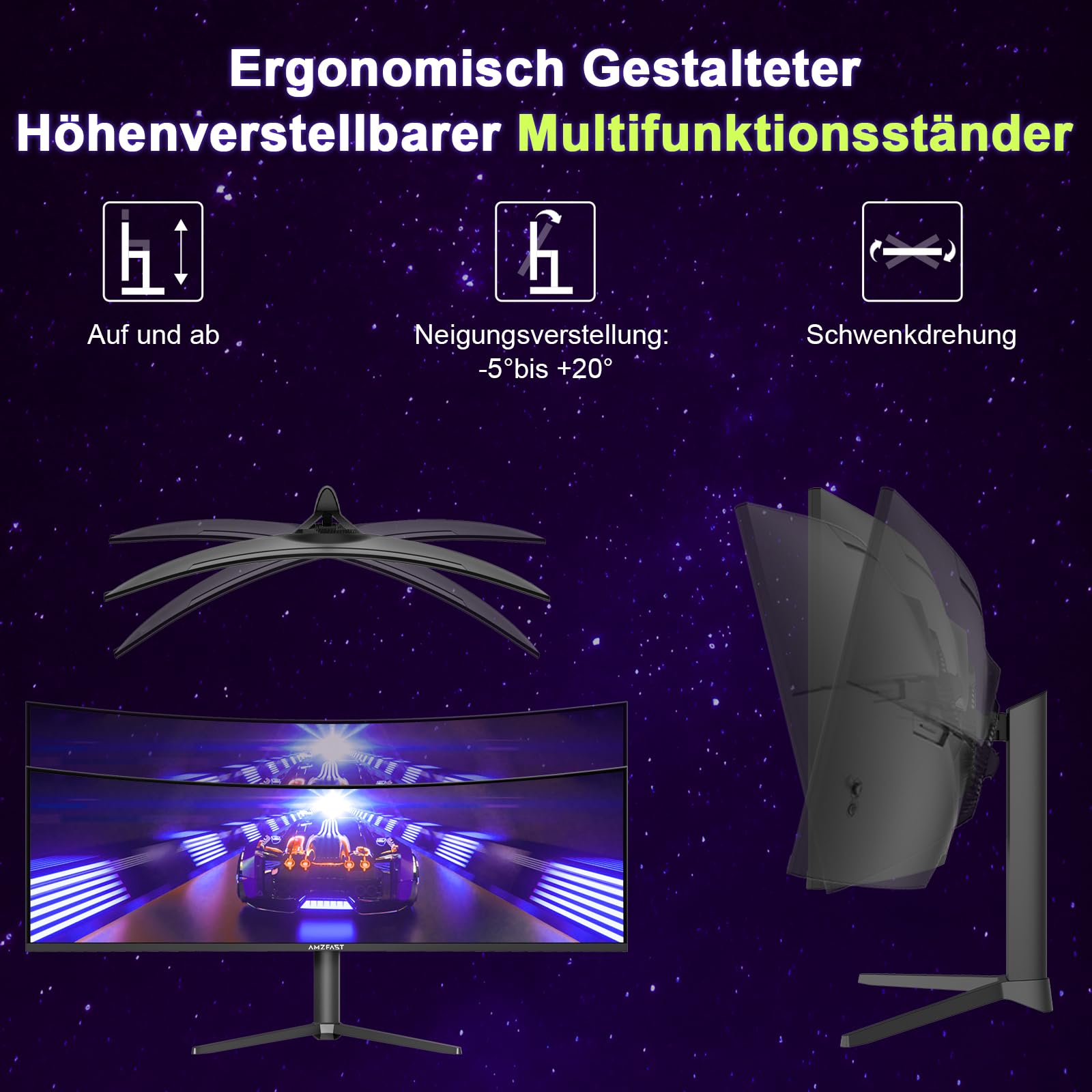 Amzfast Monitor Gaming Curvo 49 Pulgadas - DQHD 5120x1440 (32:9), 120 Hz, 1 ms MPRT, Adaptive Sync, sRGB 120%, Luminosidad 350cd/m², HDMI 2.0, DisplayPort, Eye Care, VESA 75x75, Pip/PBP, AMZG49C7U
