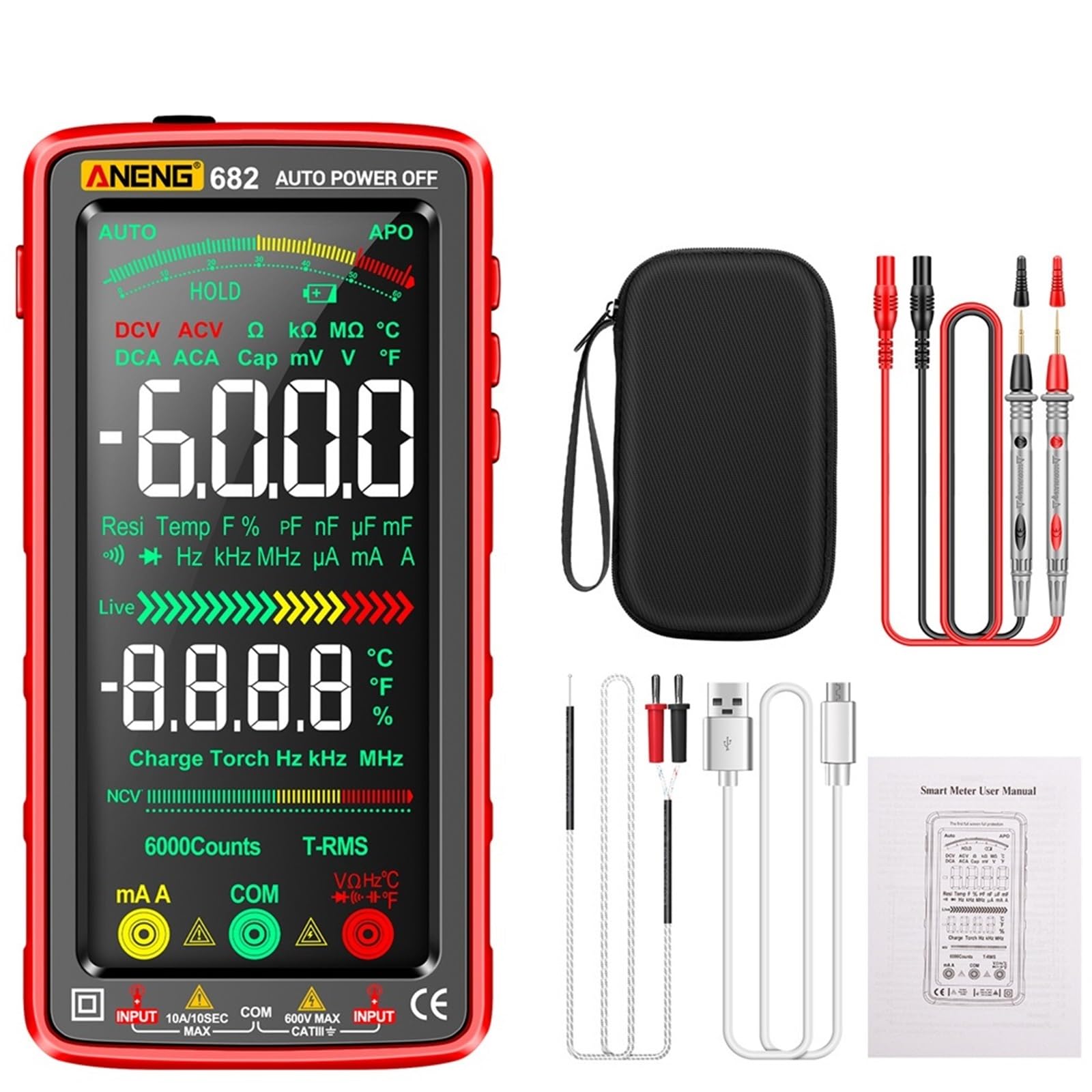 682 Profesjonalny inteligentny multimetr AC/DC Amperomierz Tester napięcia elektrycznego Akumulator Ohm Dioda Tester Narzędzie dla elektryków(682 red)