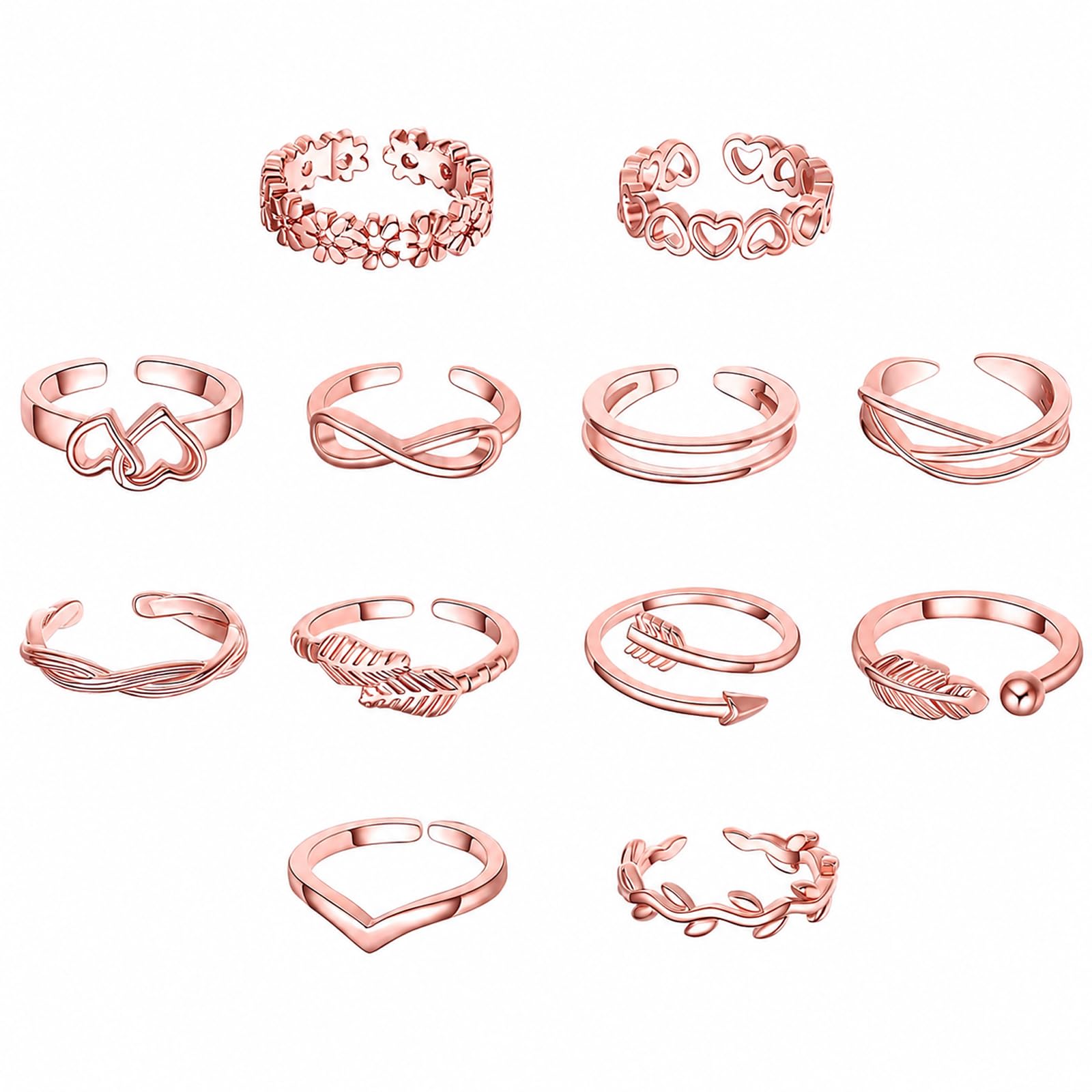 12PCS Toe Rings for Women 14K Gold/Silver Plated Adjustable Toe Ring Set Open Heart Arrow Infinity Rings Beach Foot Jewelry for Summer