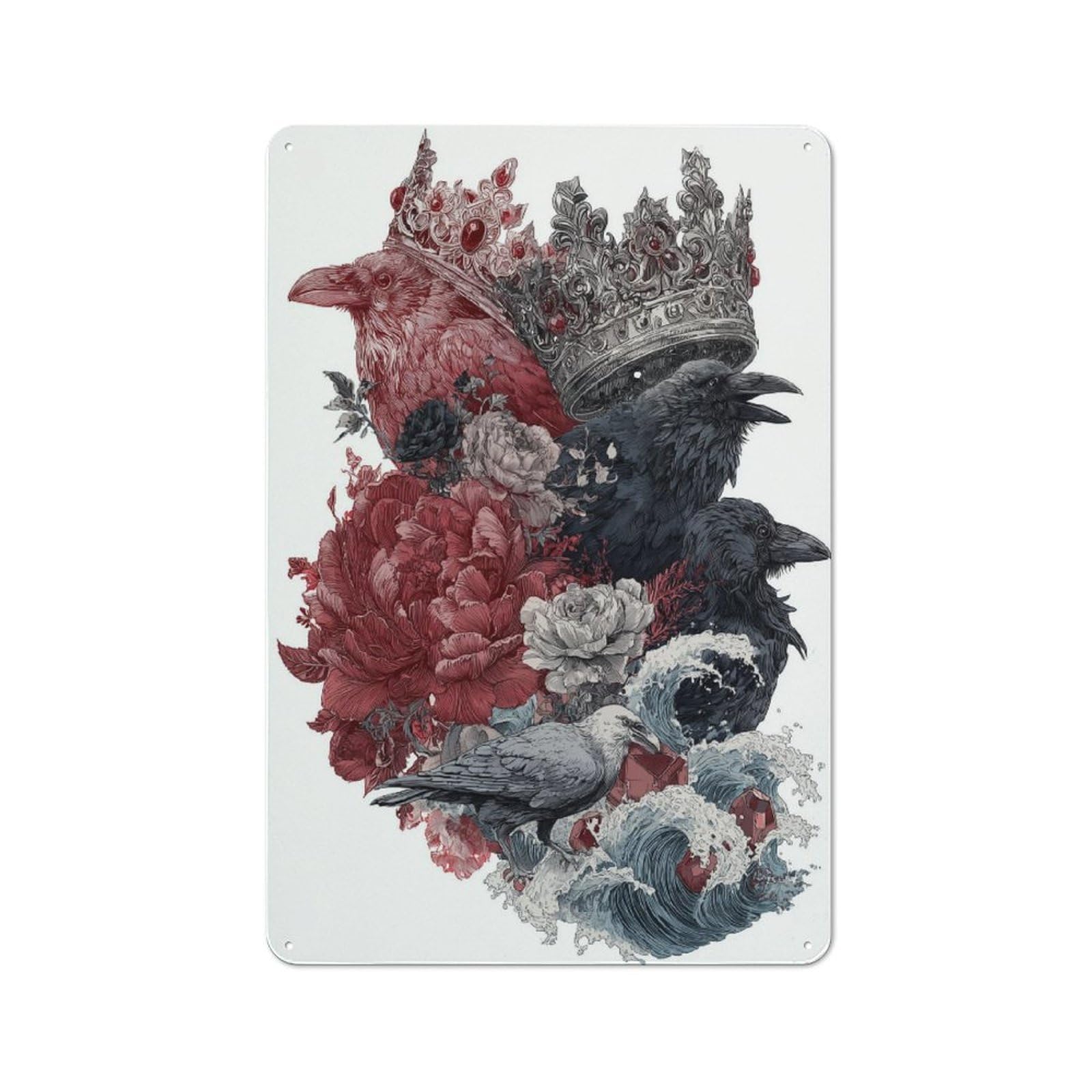 Junmoney Crow Majesty Amidst Floral Chaos Tin Wall Plaque 30X20cm With For Garage Or Workshop, For Vintage Wall Decor Fans, For Kitchen And Home Bar Decor