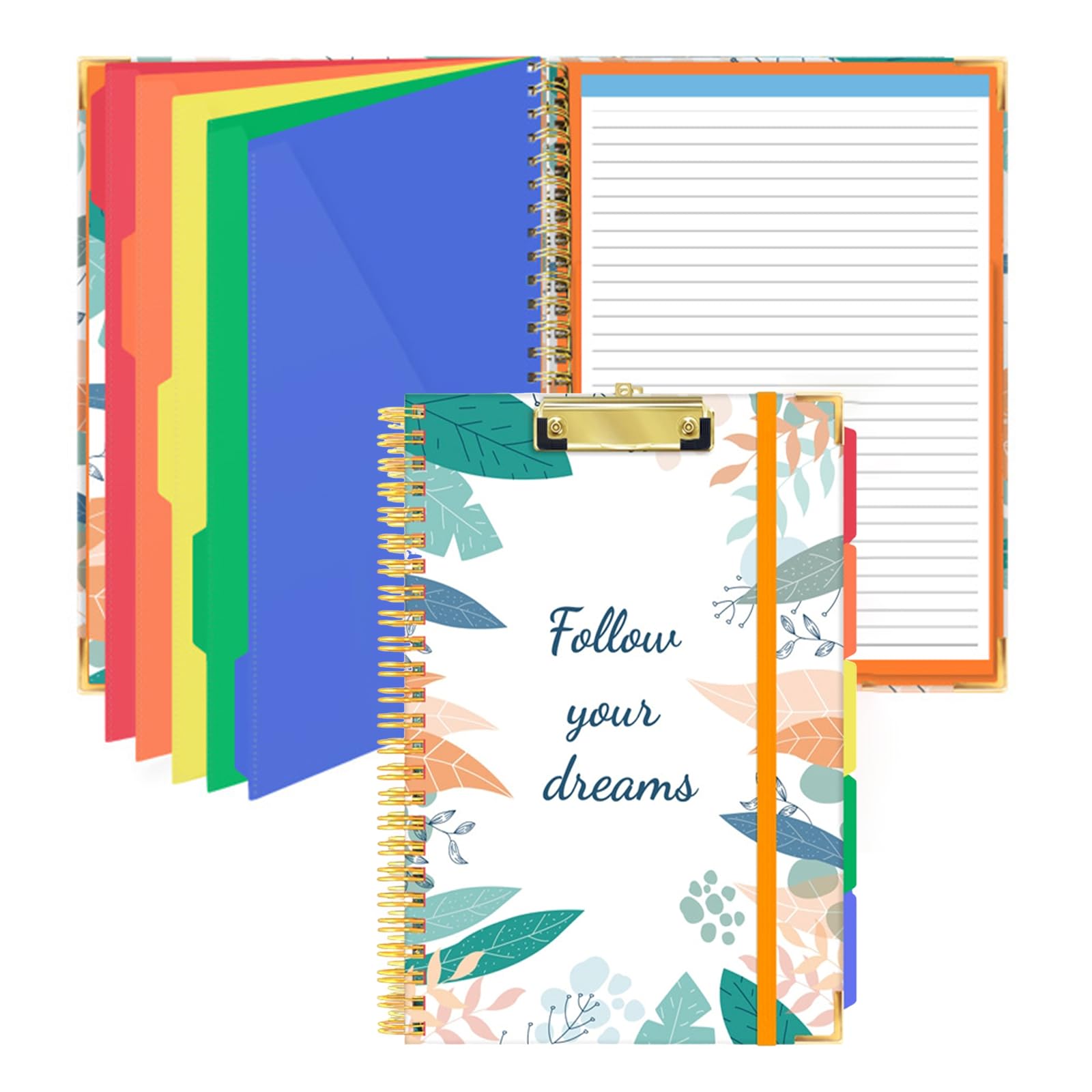 Portablocco Folio con blocco note a righe ricaricabile, raccoglitore con 5 scomparti colorati, 10 tasche, raccoglitore a spirale, formato A4, per ufficio, infermieri, 24 x 32,5 cm