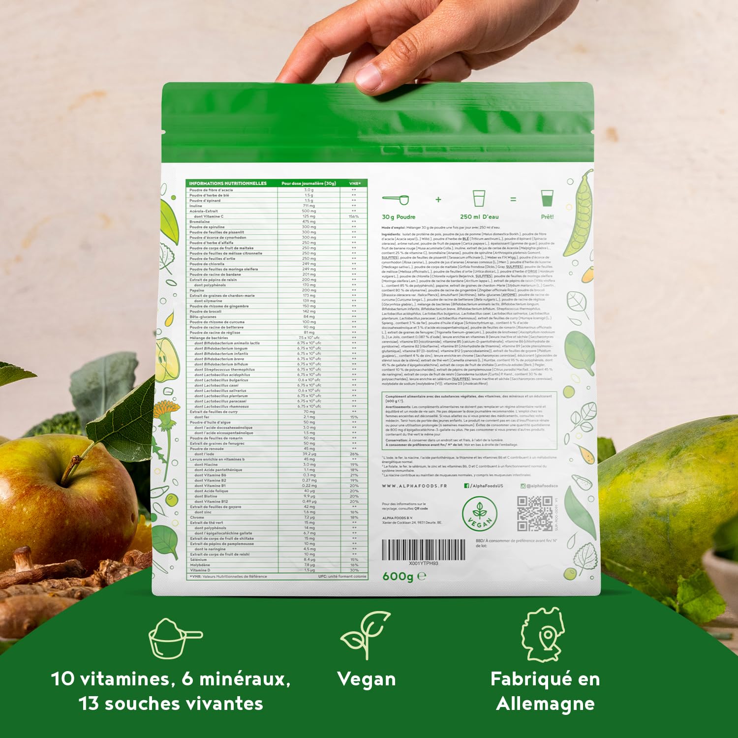 Greens Complex en Poudre 600g | Énergie & Immunité Mélange De Verts Végétalienne | Vitamines B1-B12, CoQ10, Moringa, Spiruline, Chlorella, Matcha | Green Superfoods Smoothie Powder | Alpha Foods