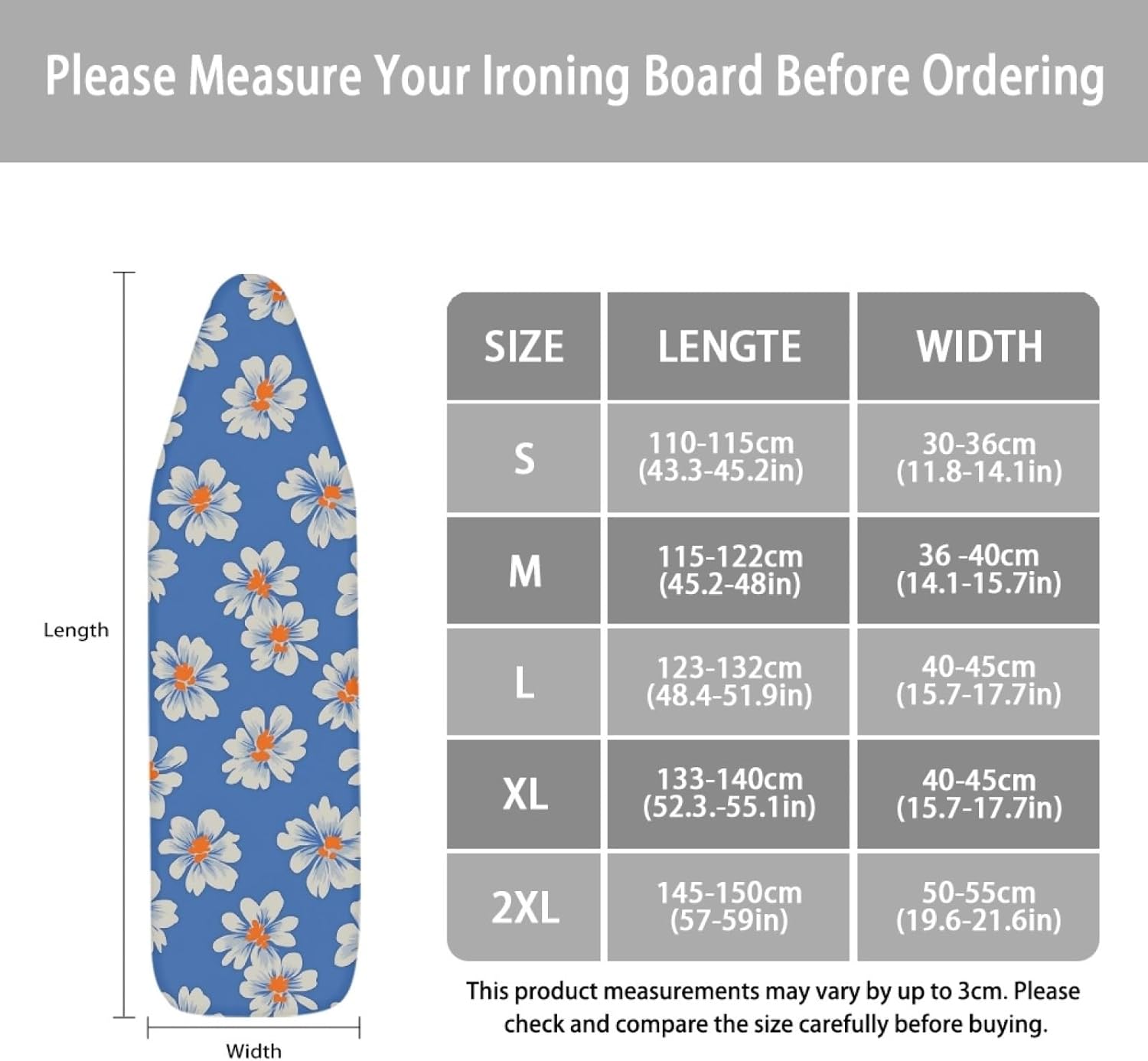 Iron Board Cover with Padding Standard Size Blue Flower Orange Padded Ironing Board Covers 15x54 Heat Reflective Extra Thick Wide Non Stick Scorch and Stain Resistant Heatproof