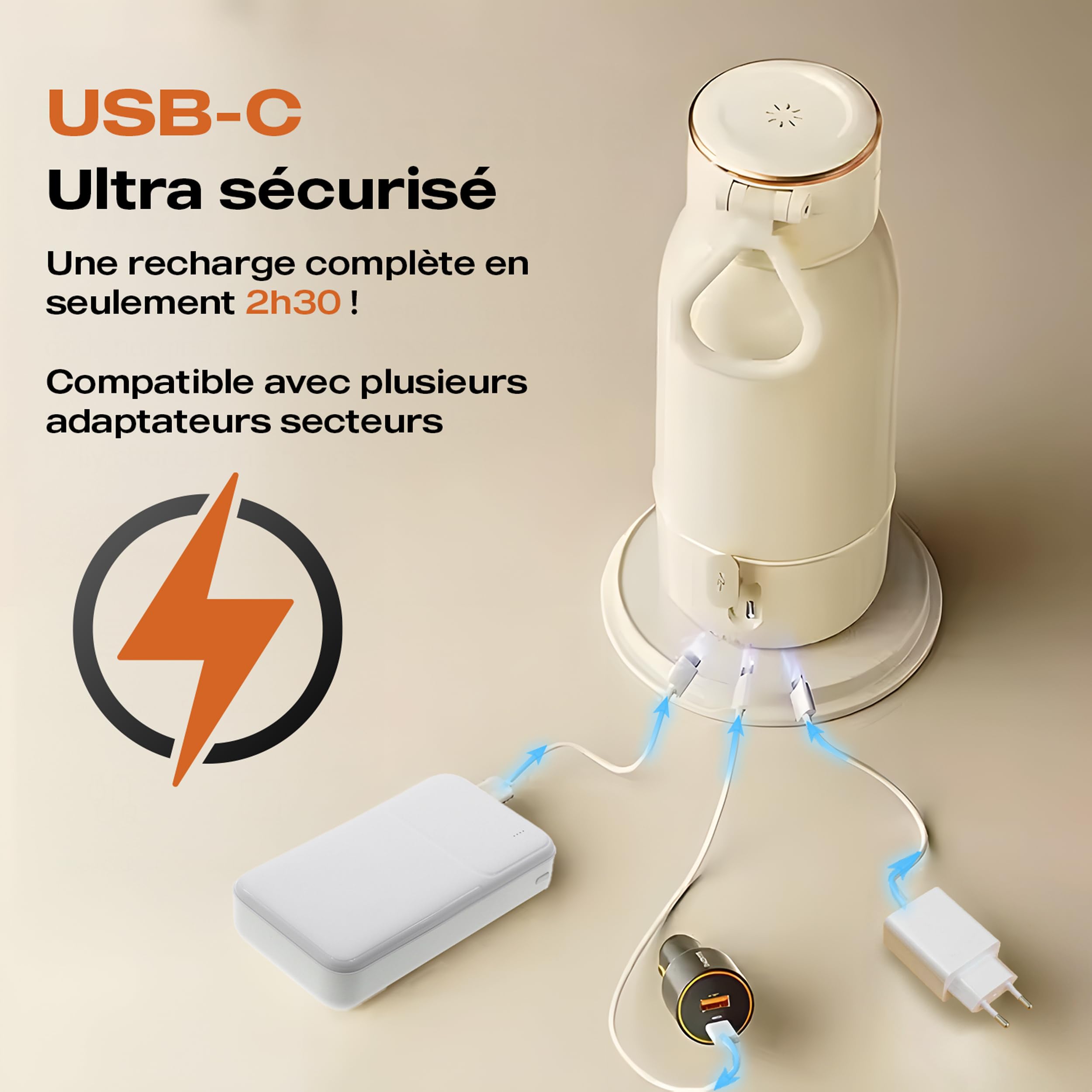 Chauffe-Biberon Portable Nomade, Chauffe Rapide Eau ou Lait, Autonomie Longue Durée, Recharge USB-C, Capacité 500ml, Boîte Doseuse 4 Compartiments, Idéal Voyage & Voiture