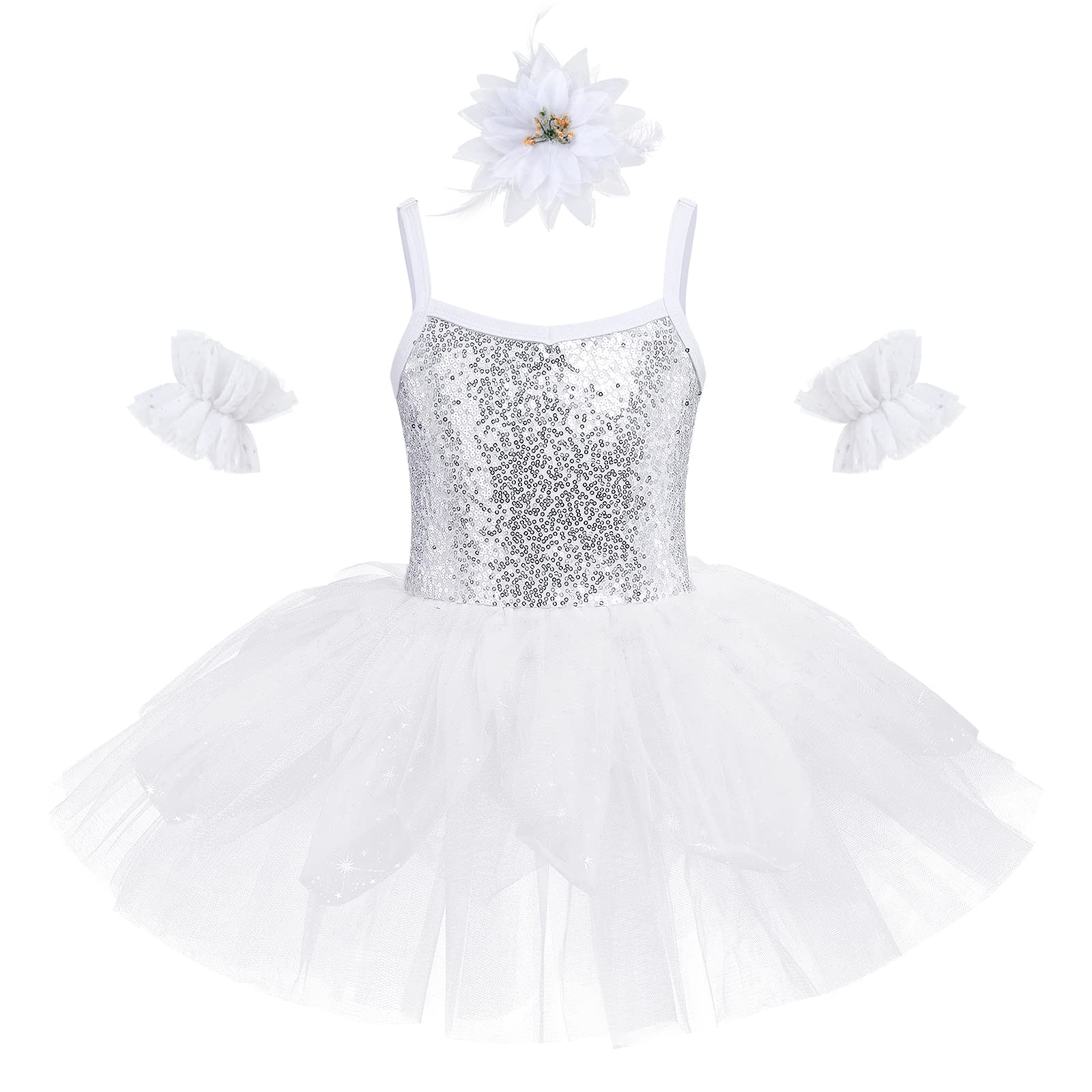 Ballet Leotard for Girls - Ballerina Outfit With Shiny Sequins Tutu Dress, Gymnastic Leotard, Skirt - Toddler Costume White (3PCS) 7-8T