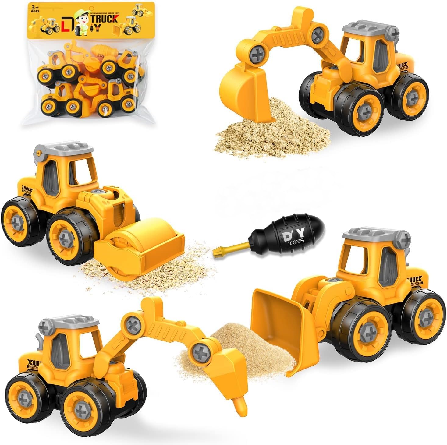 SUPER TOY 4 Construction Trucks Toys for 2 3 4 5 Year Old Boys DIY Disassemble and Assembly Excavator, Bulldozer, Ground Drill, Road Roller Educational Birthday Gift for Kids,Yellow