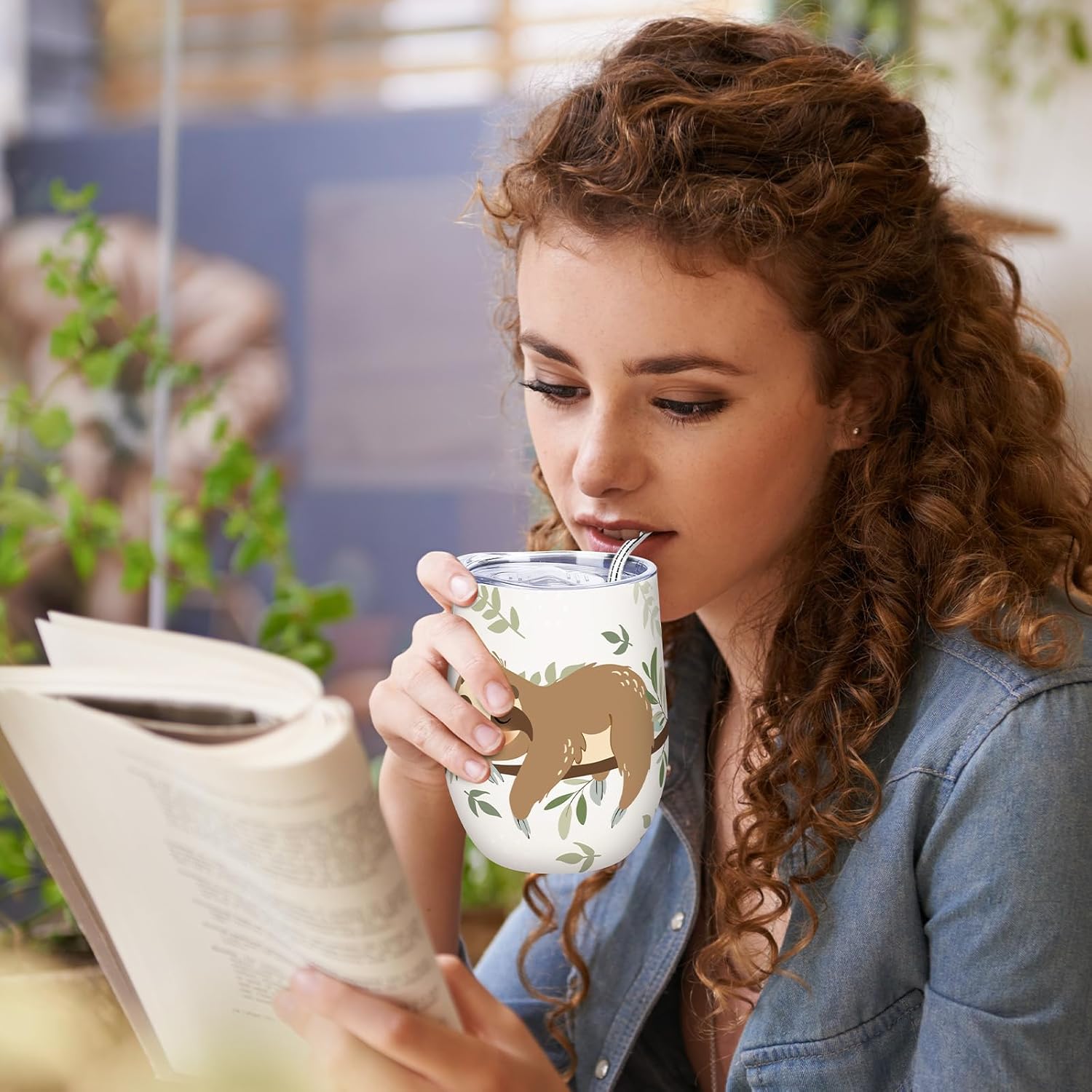 NymphFable 12oz Sloth Insulated Tumbler With Lid and Straw Stainless Steel Wine Tumbler, Stemless Wine Glass Coffee Mug - Image 7