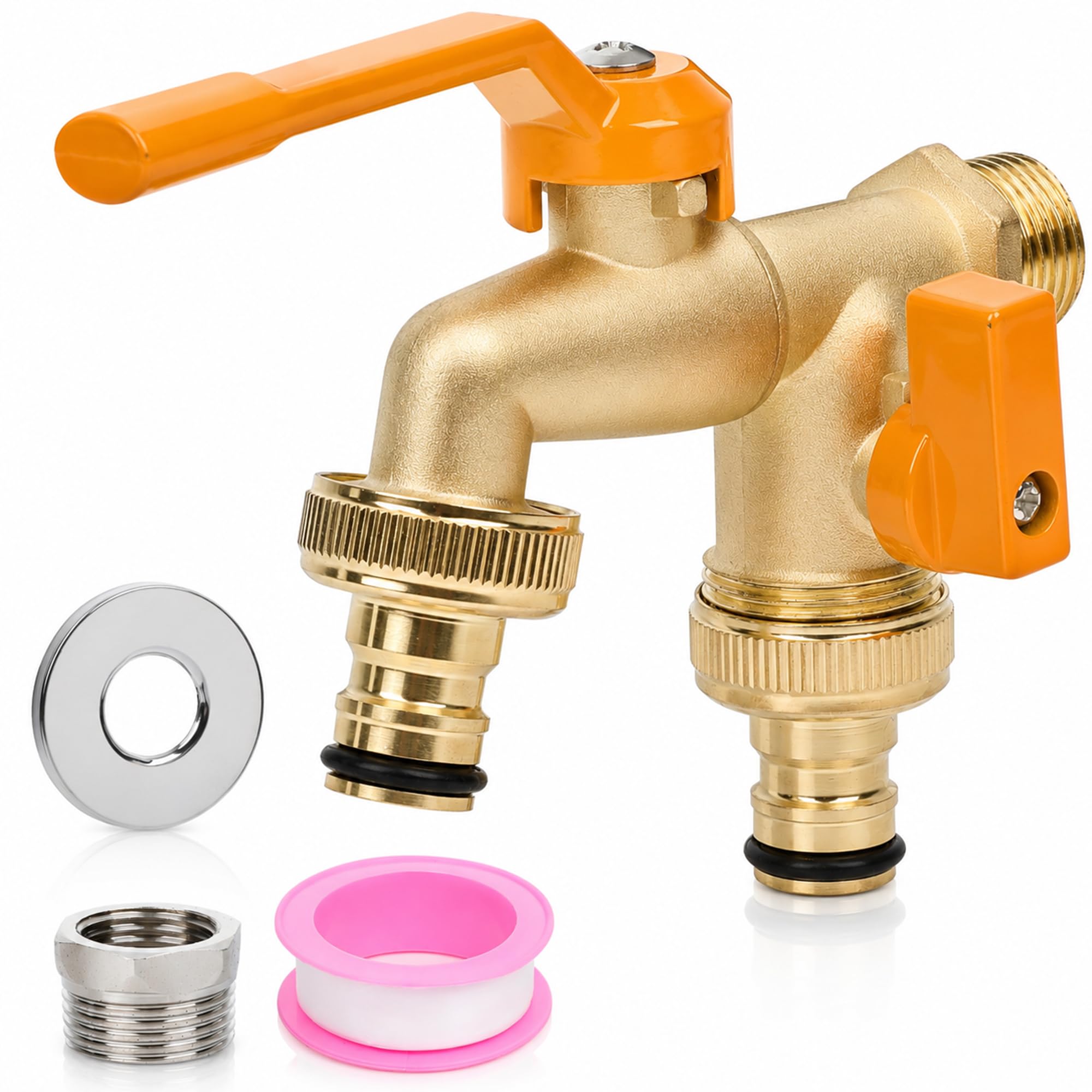 Jeweeio 2 Way Brass Garden Tap 3/4 & 1/2 Inch Outside Tap Kit, Double Outdoor Water Butt Taps Connector Splitter with On/Off Valves for Garden Watering System Faucet Hose Pipe