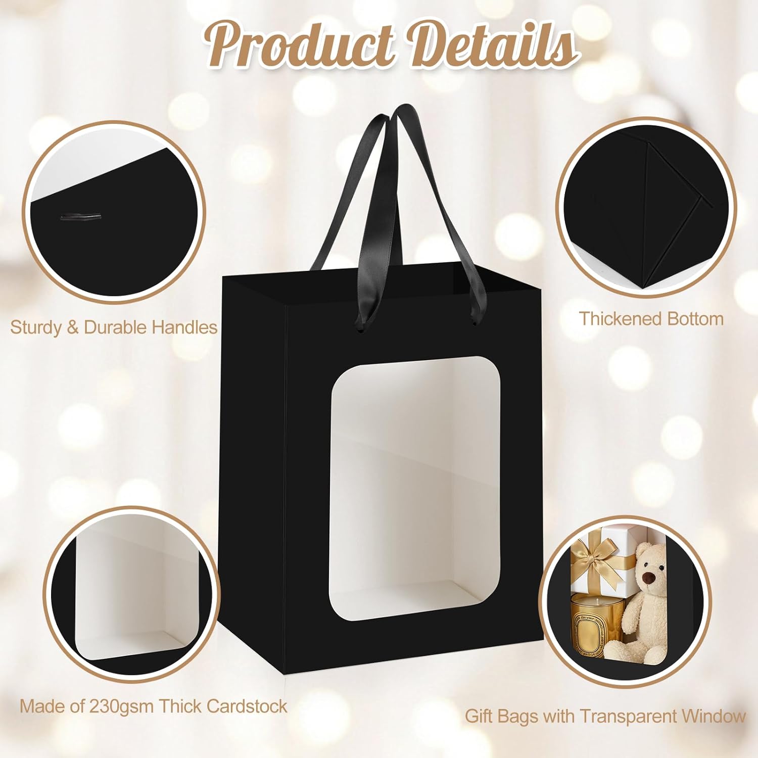 Ethhqu 24-Pack Black Kraft Gift Bags with Clear Window and Handles, Includes Tissue Paper, 9.8x7x5.1 Inches for Birthday Party, Baby Showers, Weddings,Valentine's Day, Easter (Black Gift Bags with Window, 24Pcs)