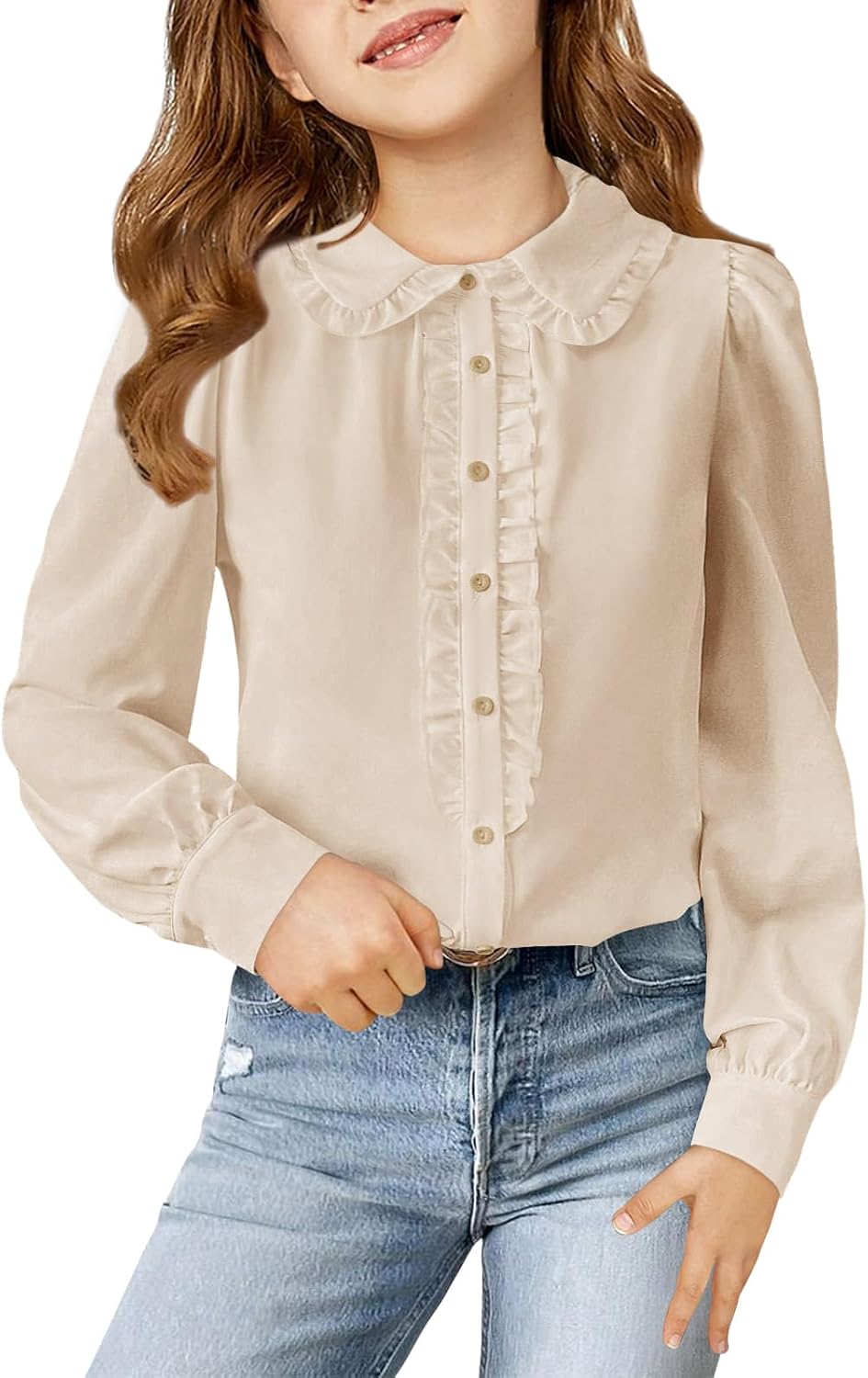 Haloumoning Girls Puff Long Sleeve Shirts Cute Casual Peter Pan Collar Blouse Ruffle Button Down Chiffon Tops 7-14 Years