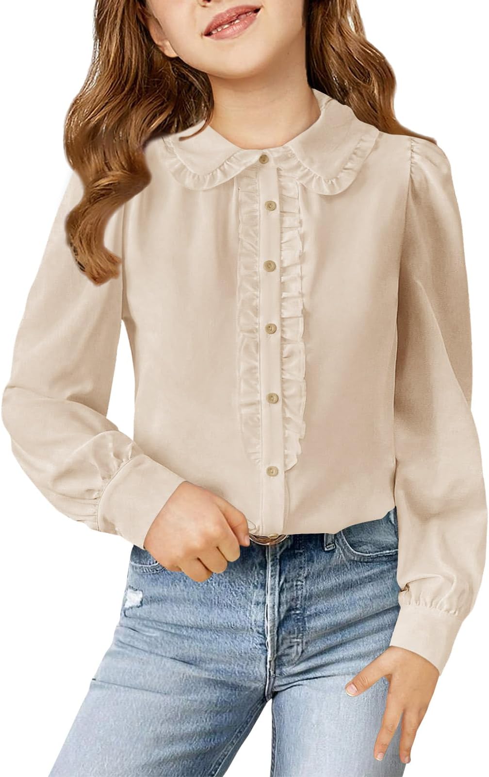 Girls Puff Long Sleeve Shirts Cute Casual Peter Pan Collar Blouse Ruffle Button Down Chiffon Tops 7-14 Years