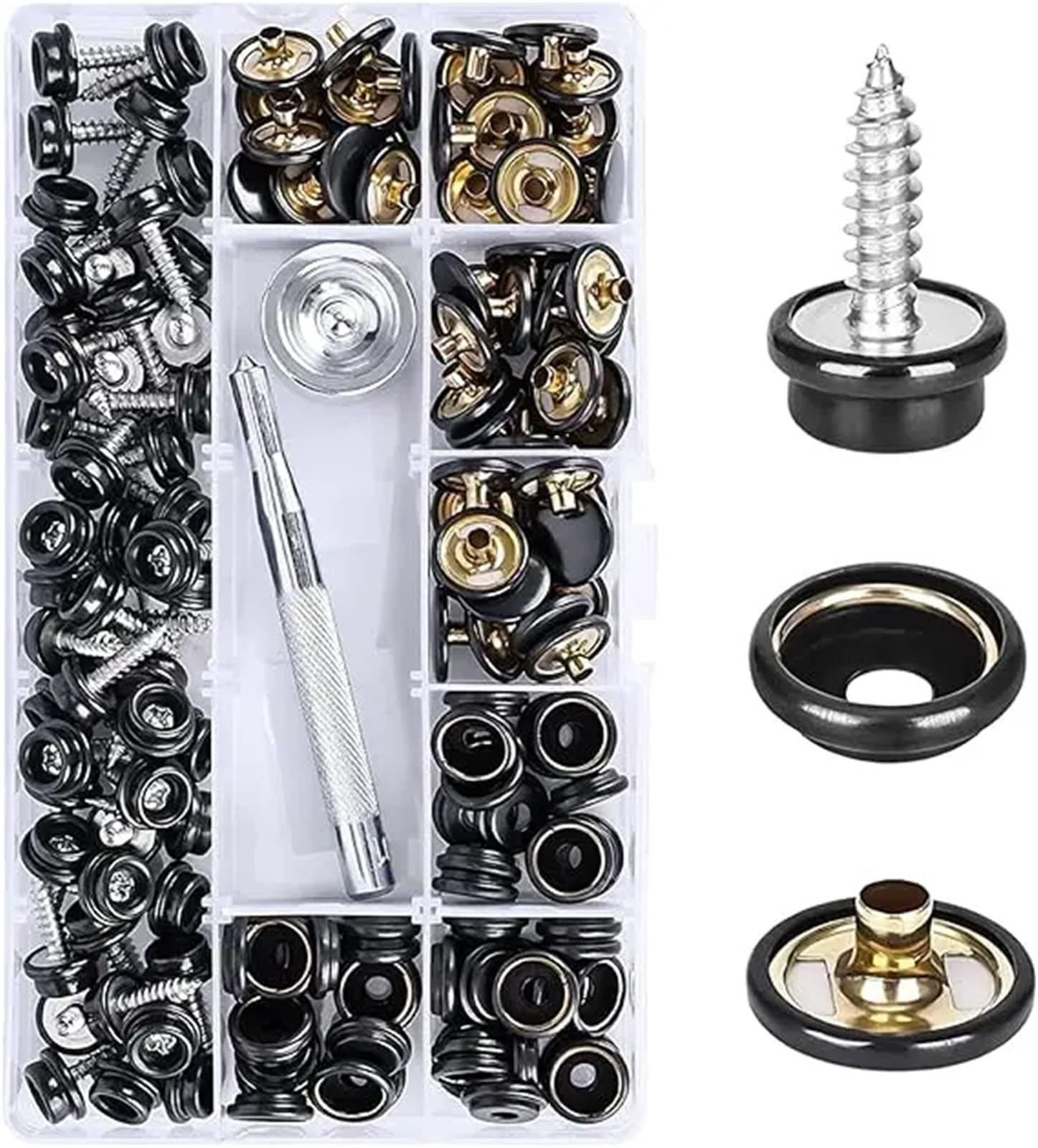 Kit de 150 broches for lona, ​​tornillos metálicos, grado marino, 3/8", acero inoxidable, con herramienta ajuste(Black)