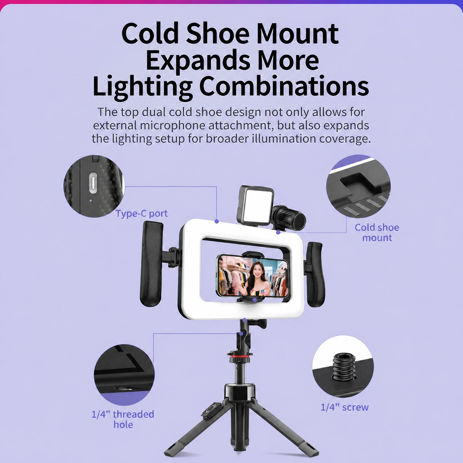 Impianto Video per Smartphone con Luce LED 2900K–7000K (Negro) | Stabilizzatore per Telefono Cellulare con 2 Supporti per Scarpe Fredde, Fori per Viti, Telecomando per Vlogging