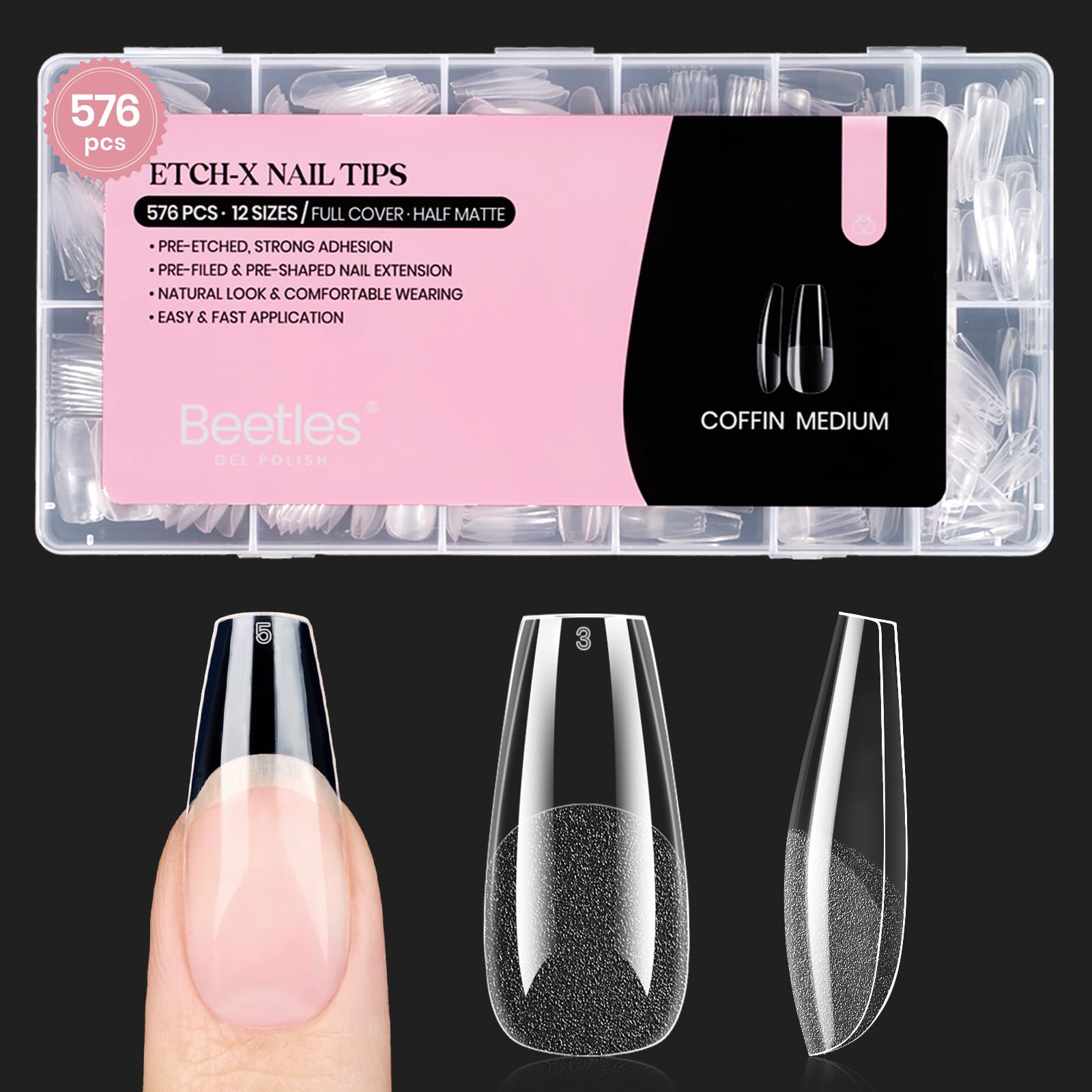 Beetles Gel Nail Tips Medium Coffin 576PCS Etch X Nail Tips, 12 Sizes Pre Shaped Half Matte Press On Nails Full Cover False Nails Acrylic Nails Glue