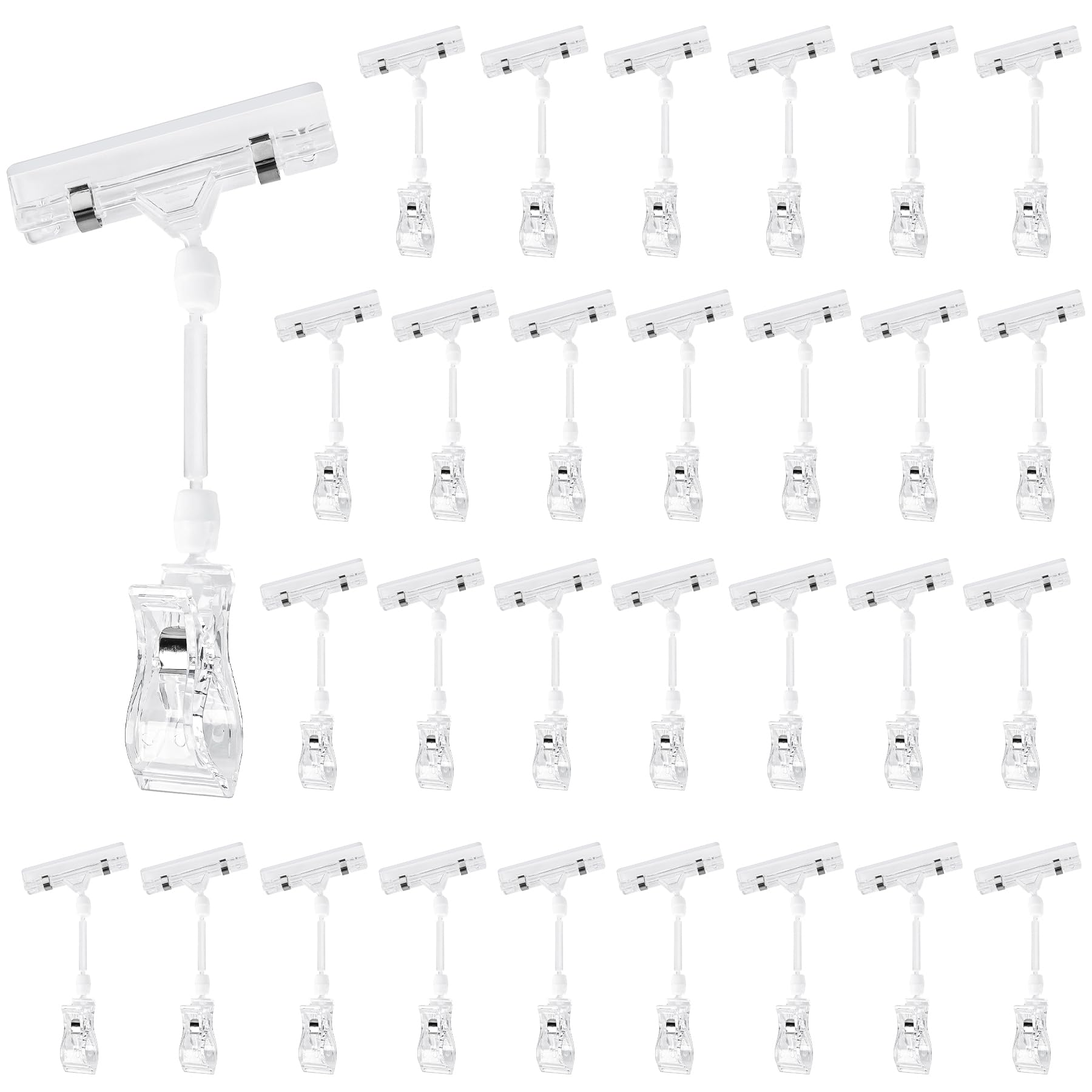 Clear Sign Clips on Merchandise Display 30 Pack Plastic Label Pop Clips on Sign Holder Shelf Double Sided Swivel Price Tag Clips on Clothing Rack