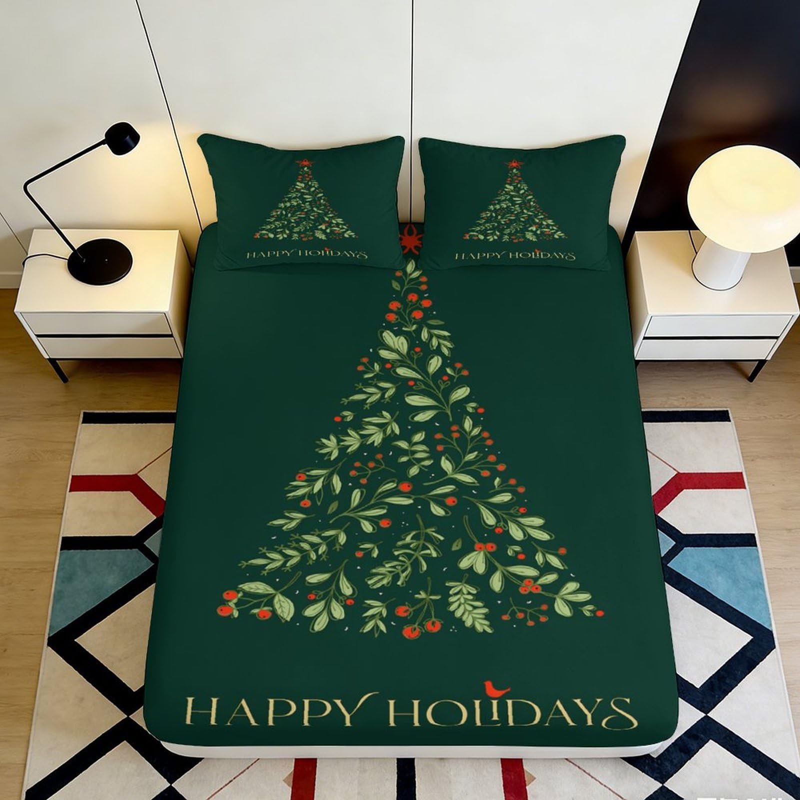 Uxinyoume Style-4 3D Printed Christmas Tree Fitted Sheet Microfiber Green Festive Holiday Bed Cover For Bedroom Guest Room Easy Care 90X200x25cm
