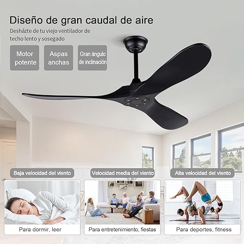 Miniatura 3 de BOJUE Ventiladores de techo de 52 pulgadas sin luces, ventiladores de techo negros sin luces con control remoto, 3 cuchillas de madera maciza,