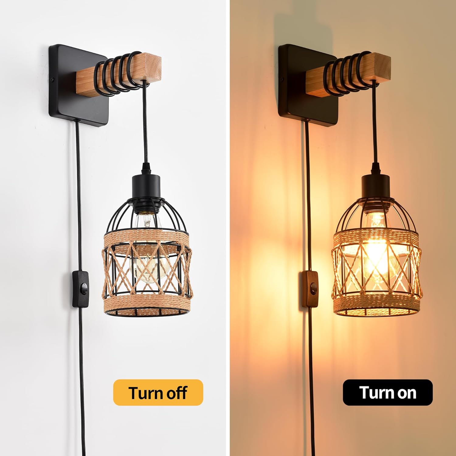 Rustic Wall Sconces Fixtures with Plug in Cord, Set of Two Indoor Vintage Rattan Wall Light Industrial Lamp Fixture Farmhouse Metal Sconces Light for Bedroom Bedside Living Room