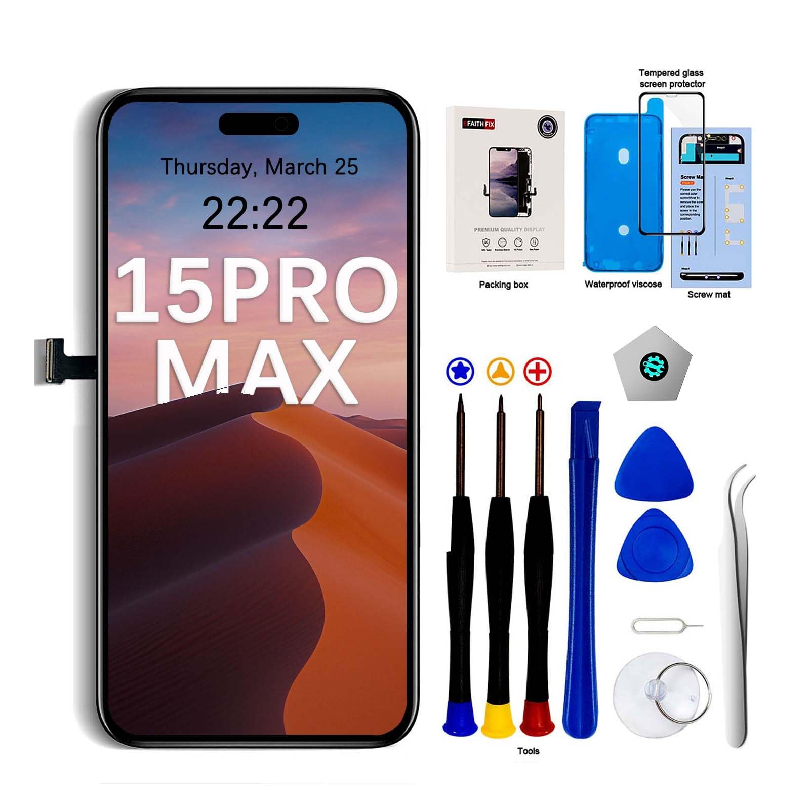 EFaith - Pantalla LCD para iPhone 15Pro Max 6,7" de repuesto, 3D Touch Face ID TrueTone FHD Pantalla Digitalizador con Kits de Reparación para A2849, A3105, A3106, A3108