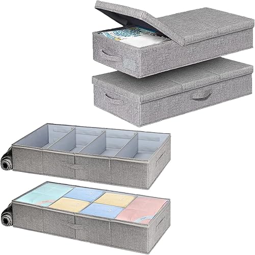 punemi Paquete de 2 cajas de almacenamiento debajo de la cama y 2 cajas de almacenamiento de ropa debajo de la cama, perfil plegable de lino,