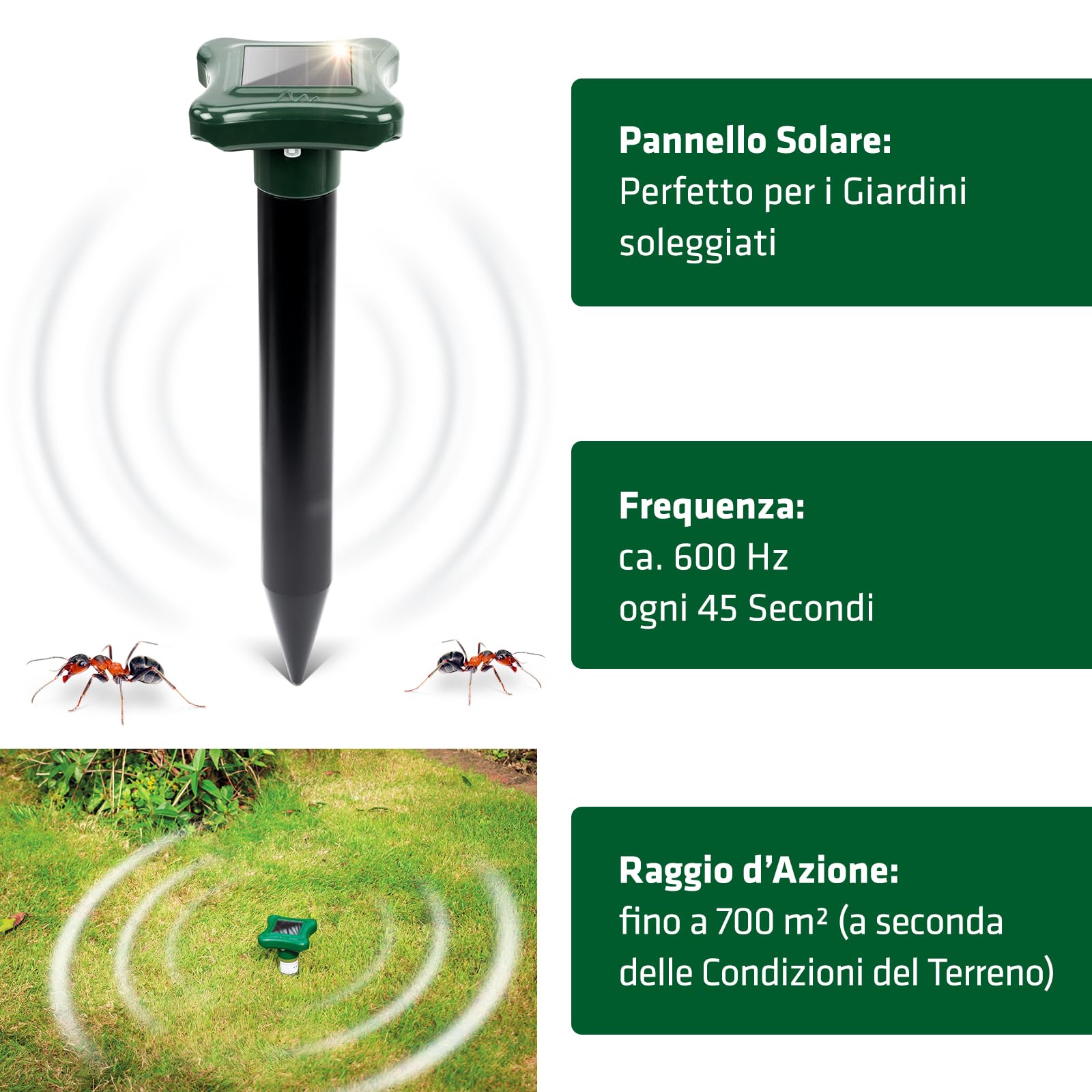 Gardigo® Repellente Formiche - Set da 2 Pz. | con Pannello Solare | Antiformiche | con Vibrazioni nel Terreno da 600 Hz | Copertura 700m² | Anti Formiche Giardino
