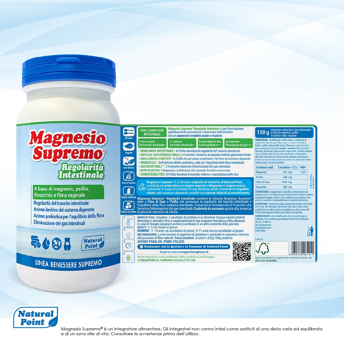 Regolarità Intestinale Integratore 350 g, 2x175 g | Magnesio Citrato In Polvere, Elevato Assorbimento, con Psillio Finocchio Guar, Benessere Intestinale, Azione Prebiotica