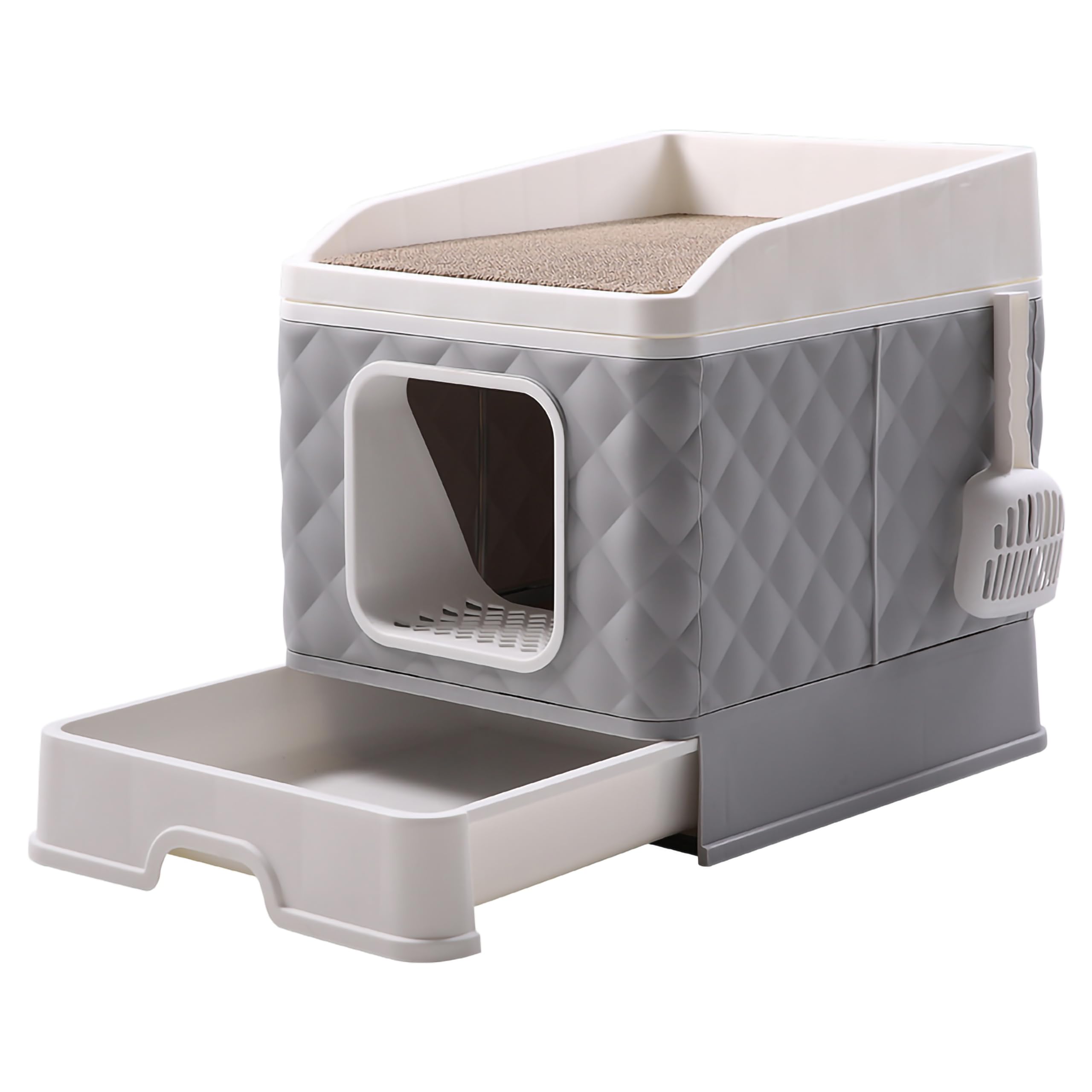 XXL Katzentoilette mit Deckel – Geschlossene Katzenklo mit Schublade, Kratzmatte & Schaufel – Geruchsdicht, hygienisch, ideal für große Katzen - grau (Grau)