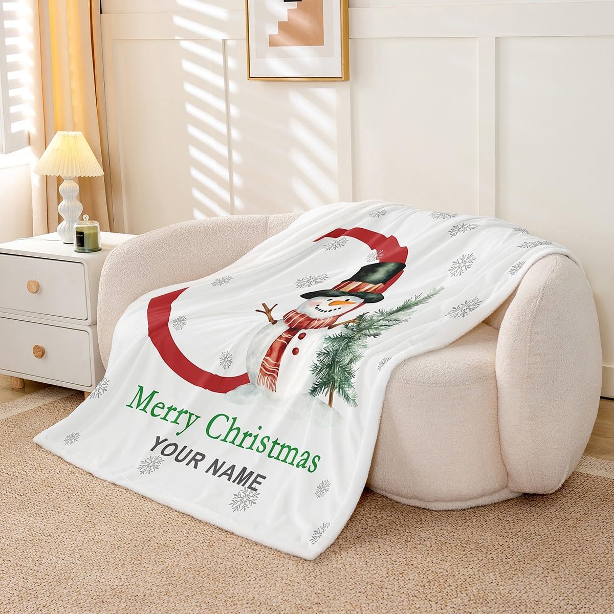 Erosebridal Merry Christmas Custom Name Fleece Blanket Twin 60x80 | Personalized Snowman Initial O Sherpa Blanket for Sofa Couch Winter Magical Snowflake Fuzzy Plush Throw Xmas Tree Red Green Pattern