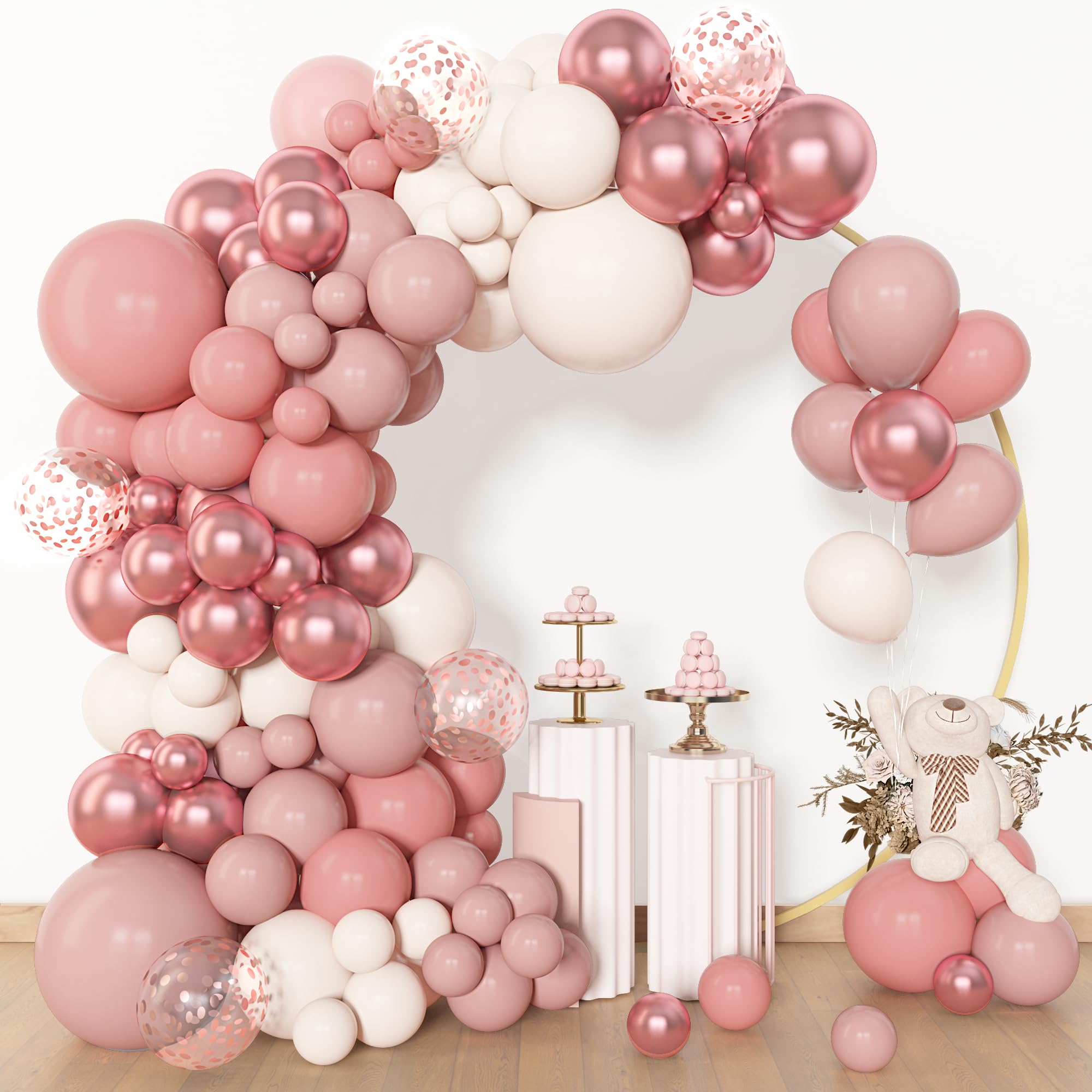 Amandir 153pcs Dusty Pink Balloon Garland Arch Kit, Different Sizes 18 12 10 5 inch Pink White Sand Metallic Confetti Pink Balloons for Valentines Day