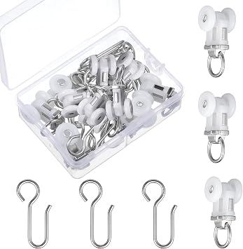 Barydat 20 Set Curtain Track Roller Hooks 0.59 inch Diameter Curtain Rail Ceiling Gliders Set Dual Wheel Roller Carriers for Ceiling Mounted Track with Stainless Steel Hooks