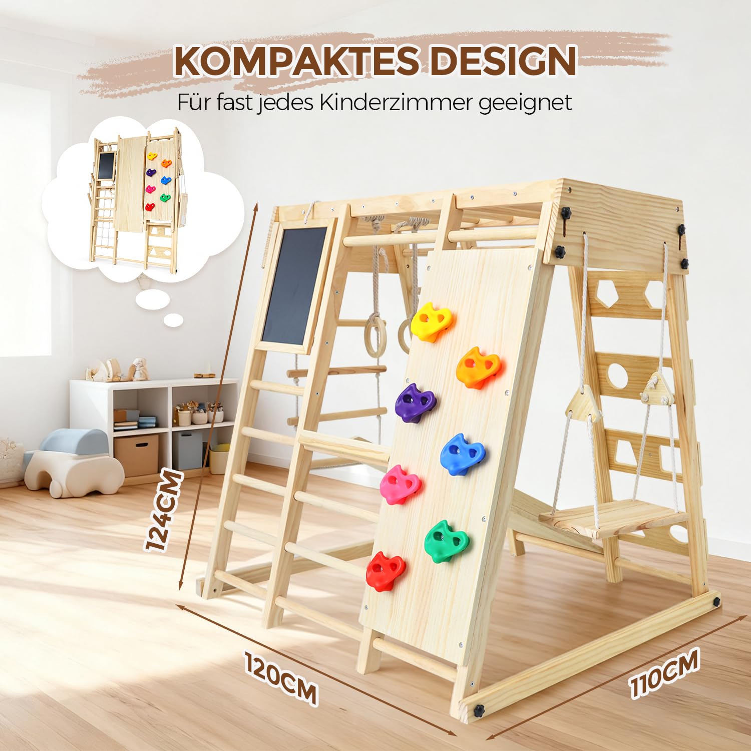 Maxi Telaio da Arrampicata per Interni Pieghevole 10 in 1 Montessori con Lavagna Scivolo Altalena Parete da Arrampicata