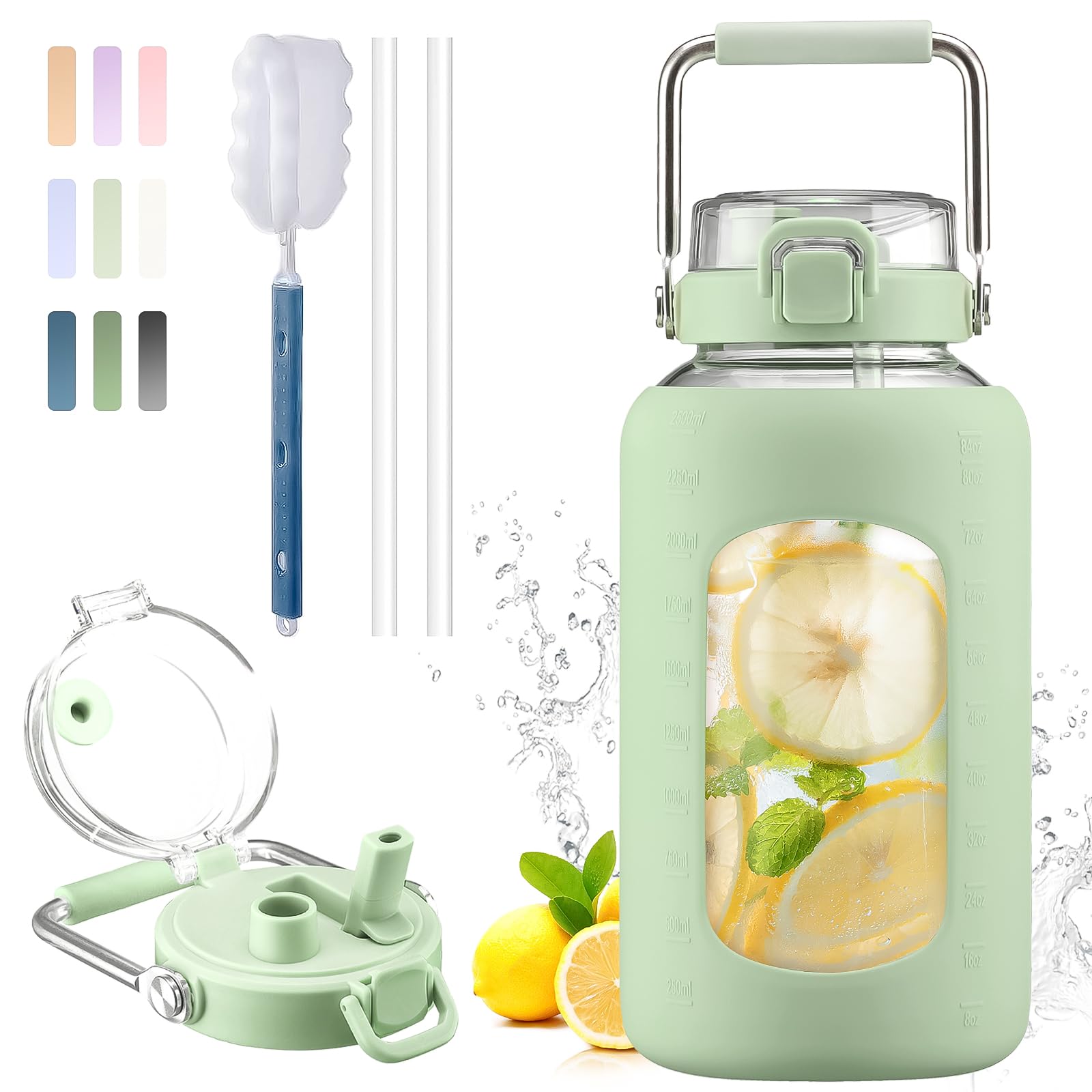 BLUEGO 2.5L Water Bottle Glass with Stainless Steel Handle 2500ml Large Water Bottle with Time Markers and Silicone Sleeve Half Gallon Water Jug BPA Free for Gym Daily Use, Light Green โ image 1