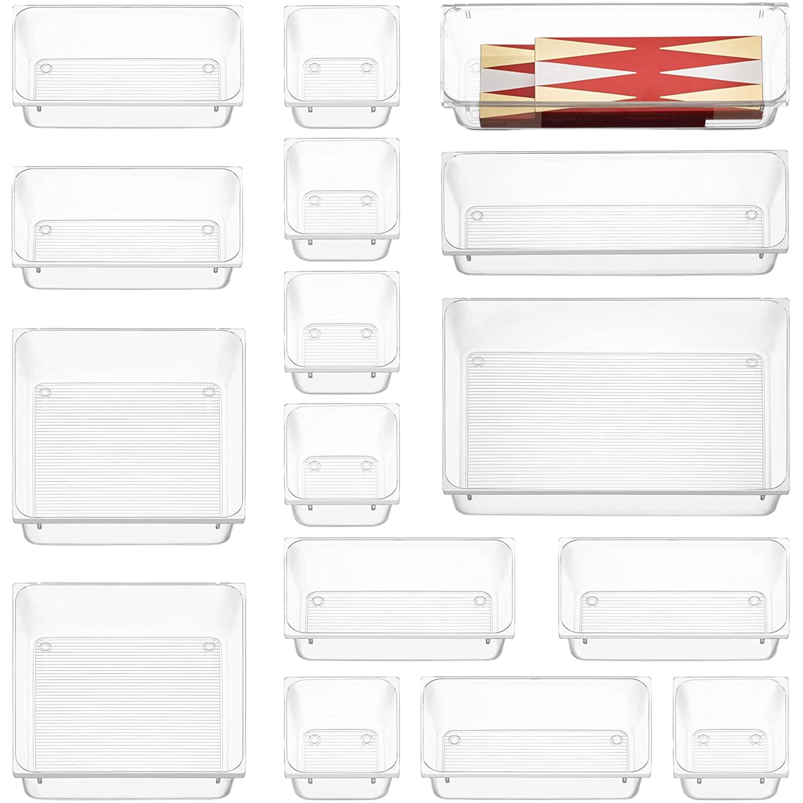 SOYDAN Organizador de cajones de escritorio transparente, contenedores organizadores transparentes | Bandeja organizadora de cajones de 5 tamaños para oficina, baño, dormitorio, para joyas,