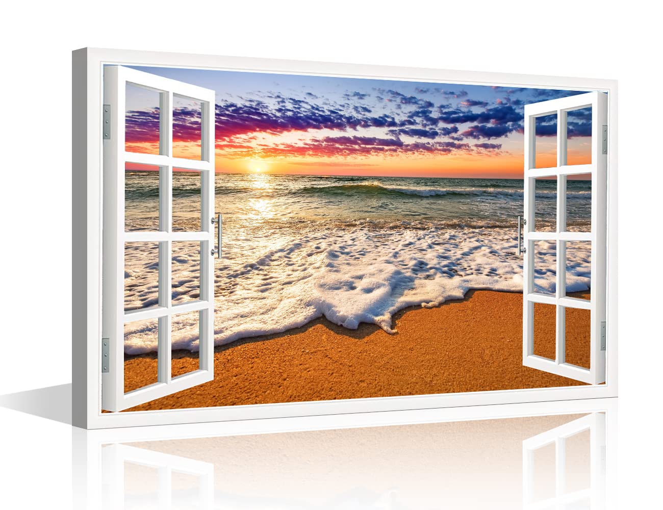 3D Open Wooden Window View Canvas Wall Art Tropical Beach Sunset Picture for Living Room Kitchen or Bedroom Modern Art wall Decor Seascape Ready to Hang(16x24in)