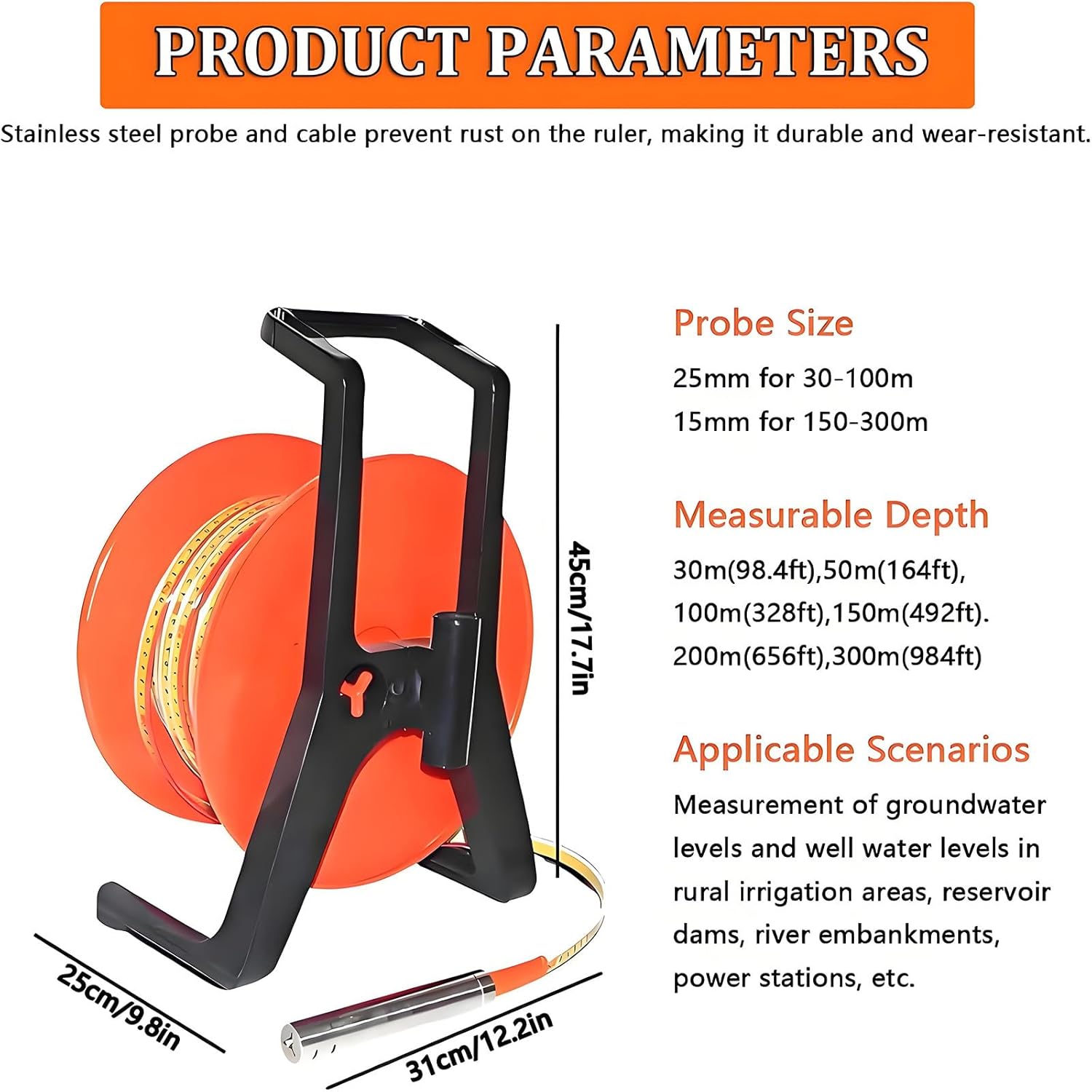 15mm Stainless Steel Probe Groundwater Level Gauge, 100m Well Water Depth Meter, Water Level Indicator with Durable Steel Tape for Accurate Water Level Measurement