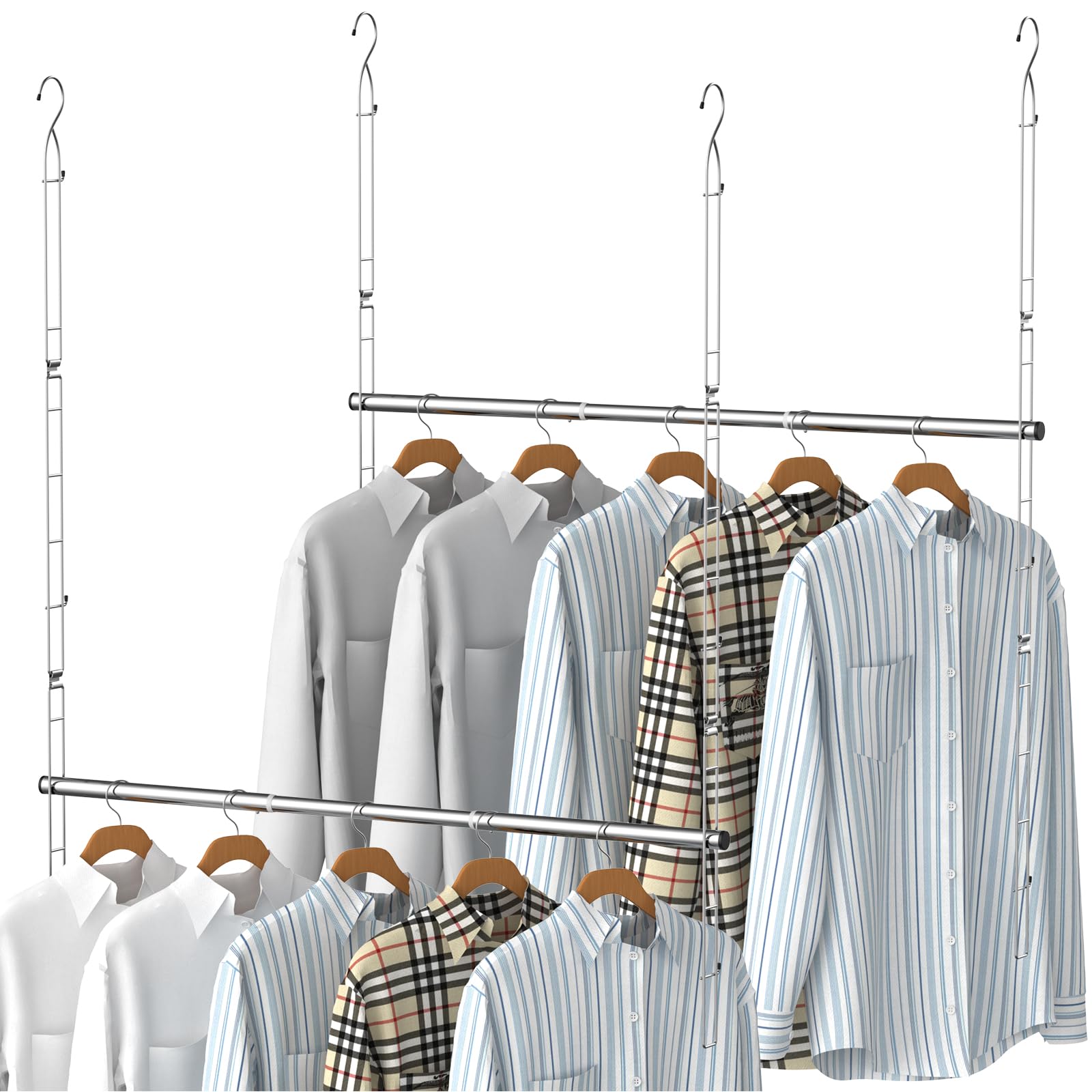 Upgraded Closet Hanging Rod, Long Version Width and Height Adjustable Closet Extender Hanging Rod, Space-Saving Closet Hanging Organizer, Stainless Steel Double Closet Rod (2 Pack Silver-L)