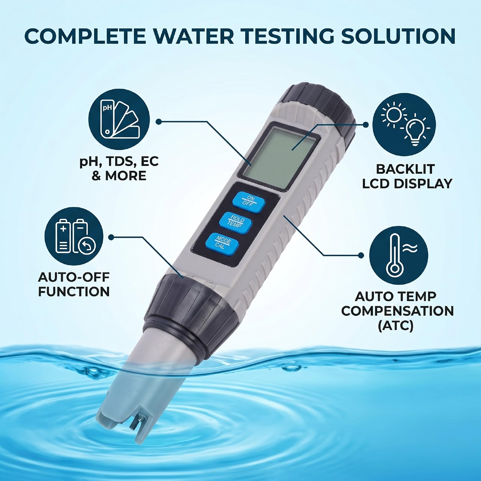 Jiawu 8-in-1-Wasserqualitätstester TDS EC PH Temp ORP S.G CL Salz für Pool | ABS-Material, automatische Temperaturkompensation von 0–60 °C, 200-mAh-Batterie, Hydroponiktests im Pool-Spa
