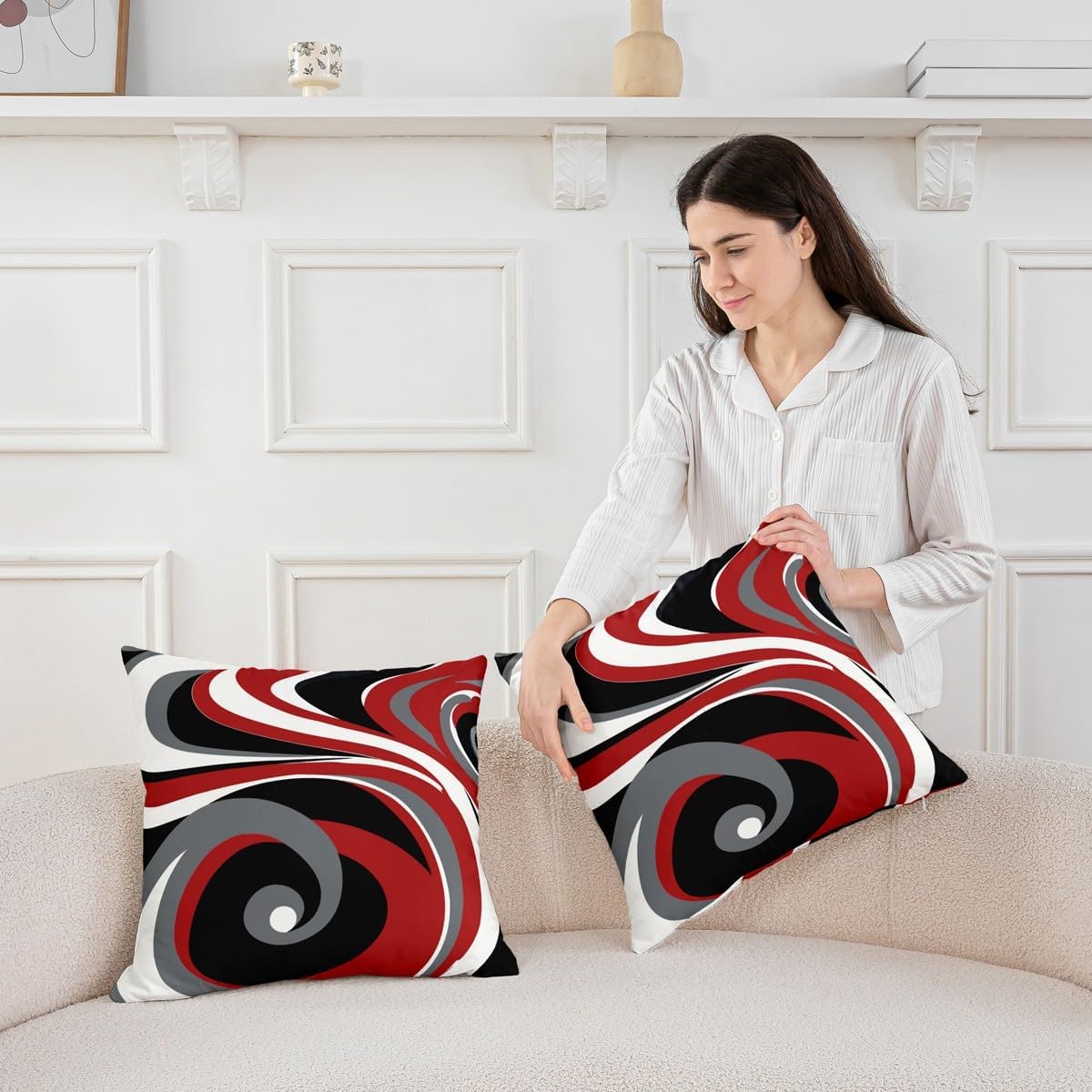 Pack of 4 Geometric Decorative Throw Pillow Covers, Soft Geometric Stripe Line Red Black White Grey Square Cushion Case Set for Couch Sofa Bedroom Living Room, Pillow Cases Pillowcases, 20x20 Inches