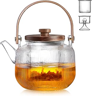 1000ml(33.8oz) Glass Teapot Kettle with 2 Type Removable Infuser and Wooden Lid, Borosilicate Glass Tea Pot Gas & Electric Stovetop Safe, Tea Maker for Loose Leaf & Blooming Tea, 2 Way for Boiling Tea