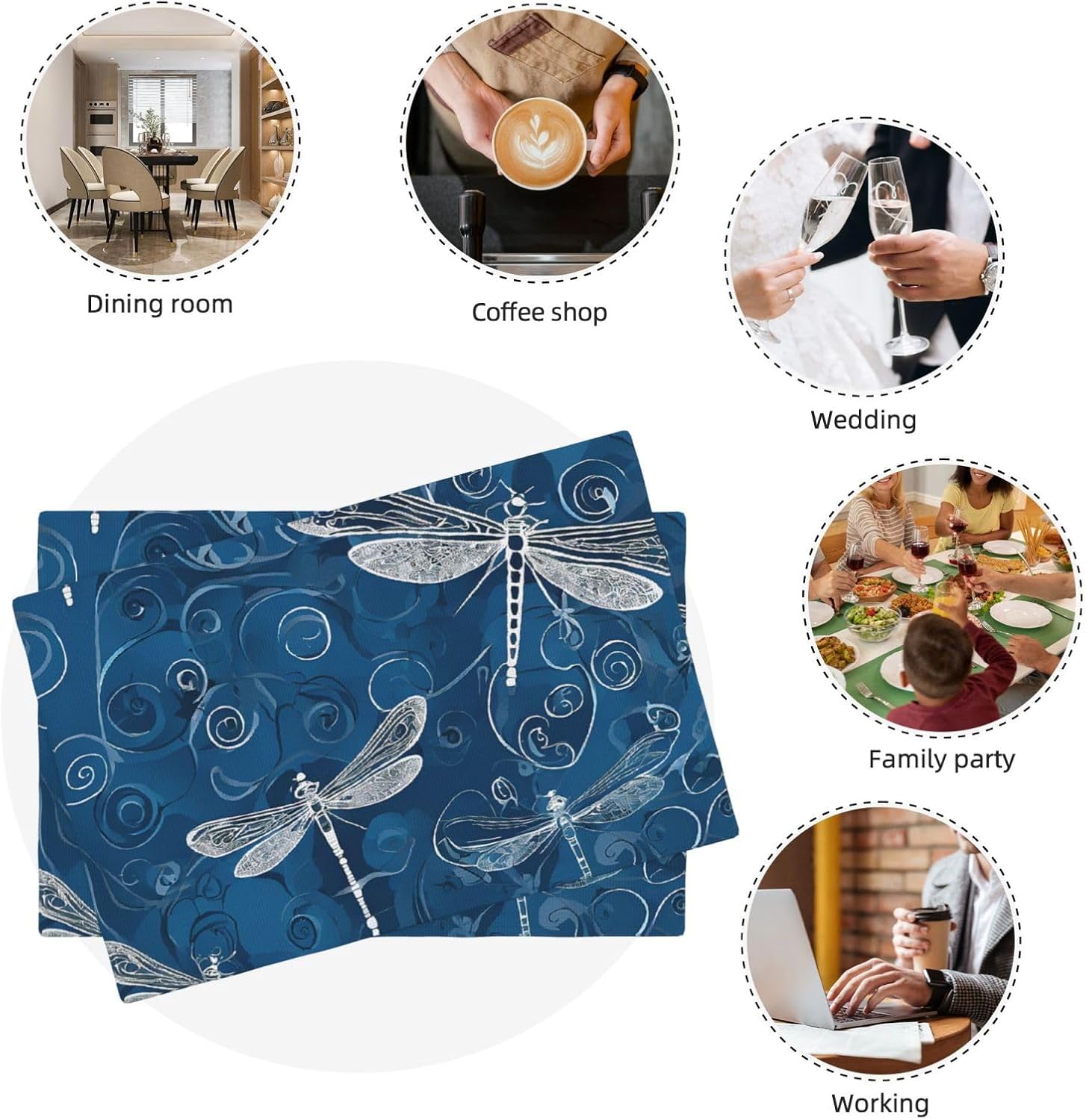 Placemats Set of 4 Washable Heat Resistant Dinning Kitchen Table Place Mats, Imitation Linen Mats Home Decor 12 x 18 in, New Apartment Essentials, Housewarming Gifts - Blue Dragonfly