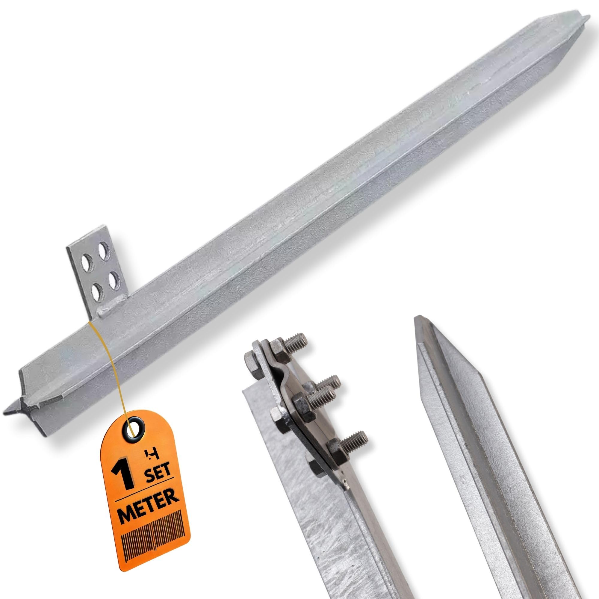 HausHeld® krążownik ocynkowany, 1 m, z przyłączem do drutu okrągłego Ø 8–10 mm i taśmy uziemiającej 30 mm – pręt krzyżowy do uziemienia, ochrony odgromowej i wyrównania potencjałów – stabilna obejma