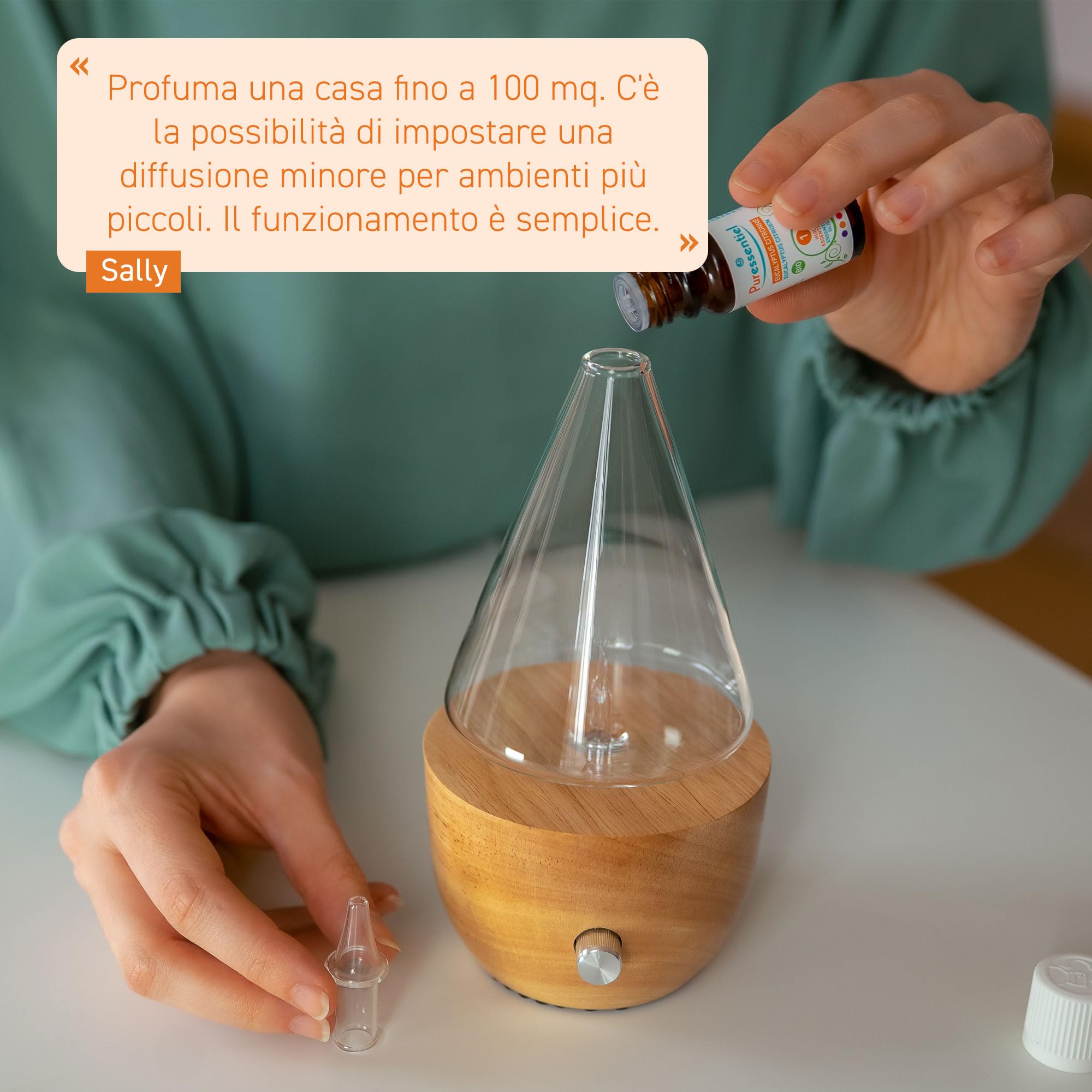 Puressentiel Diffusore a Nebulizzazione I'Conic, per Oli Essenziali, con Luci d'Atmosfera Colorate, Realizzato con Materiali Sostenibili, Piccolo e Compatto