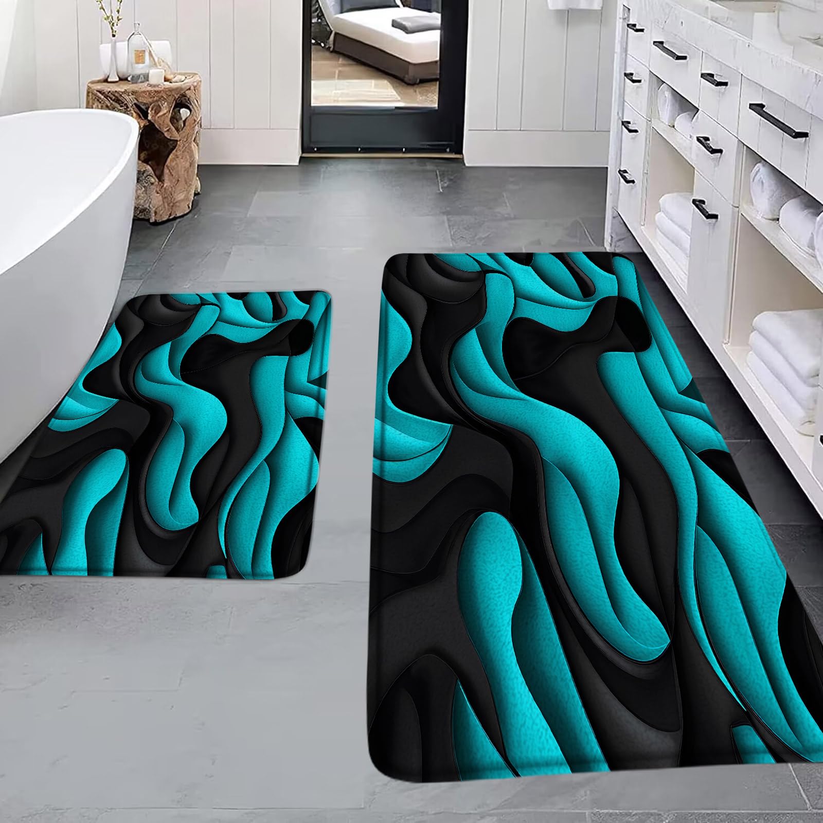 AMFD 2Pcs Black Teal Bath Mat Modern Abstract Geometric 3D Gradient Design Futuristic Aesthetic Fashion Bathroom Bathtub Floor Rugs Doormat Toilet