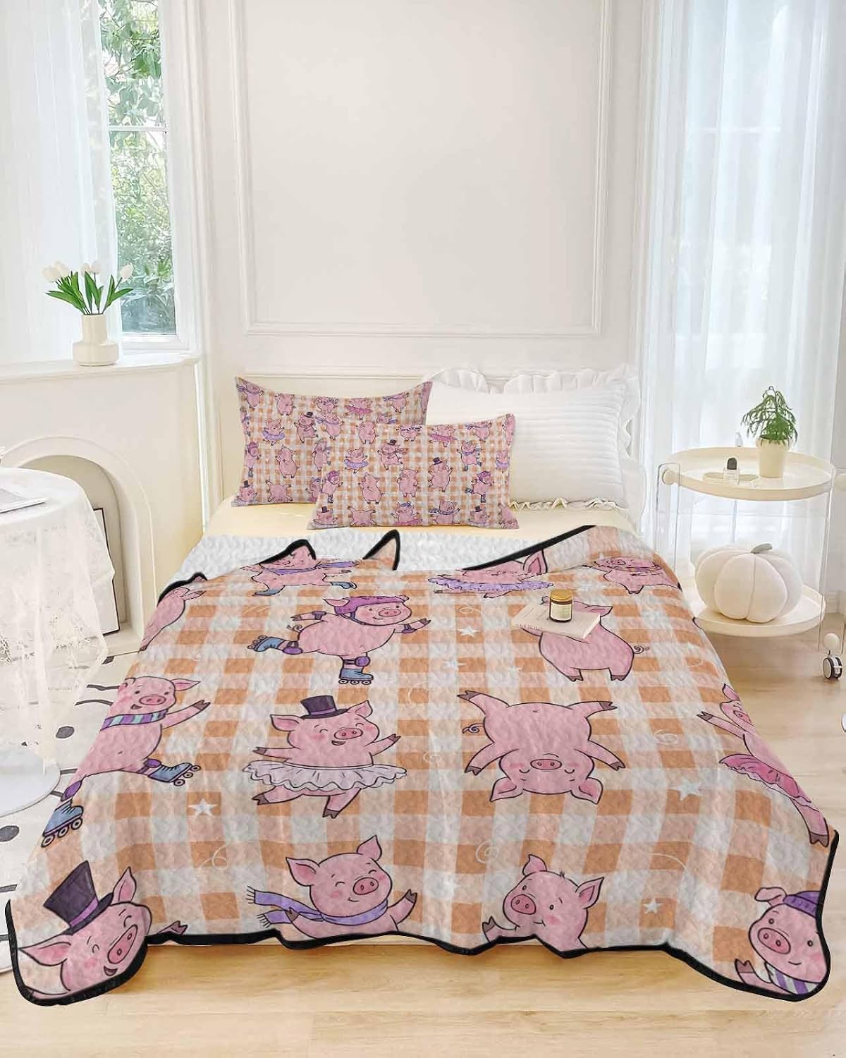 Children's Day Cute Cartoon Pink Pig Full Quilt Bedding Set,Summer Quilt Lightweight Quilted Coverlet with 2 Pillow Shams, Yellow Buffalo Plaid 3-Piece Bedspread Quilt Set for All Season
